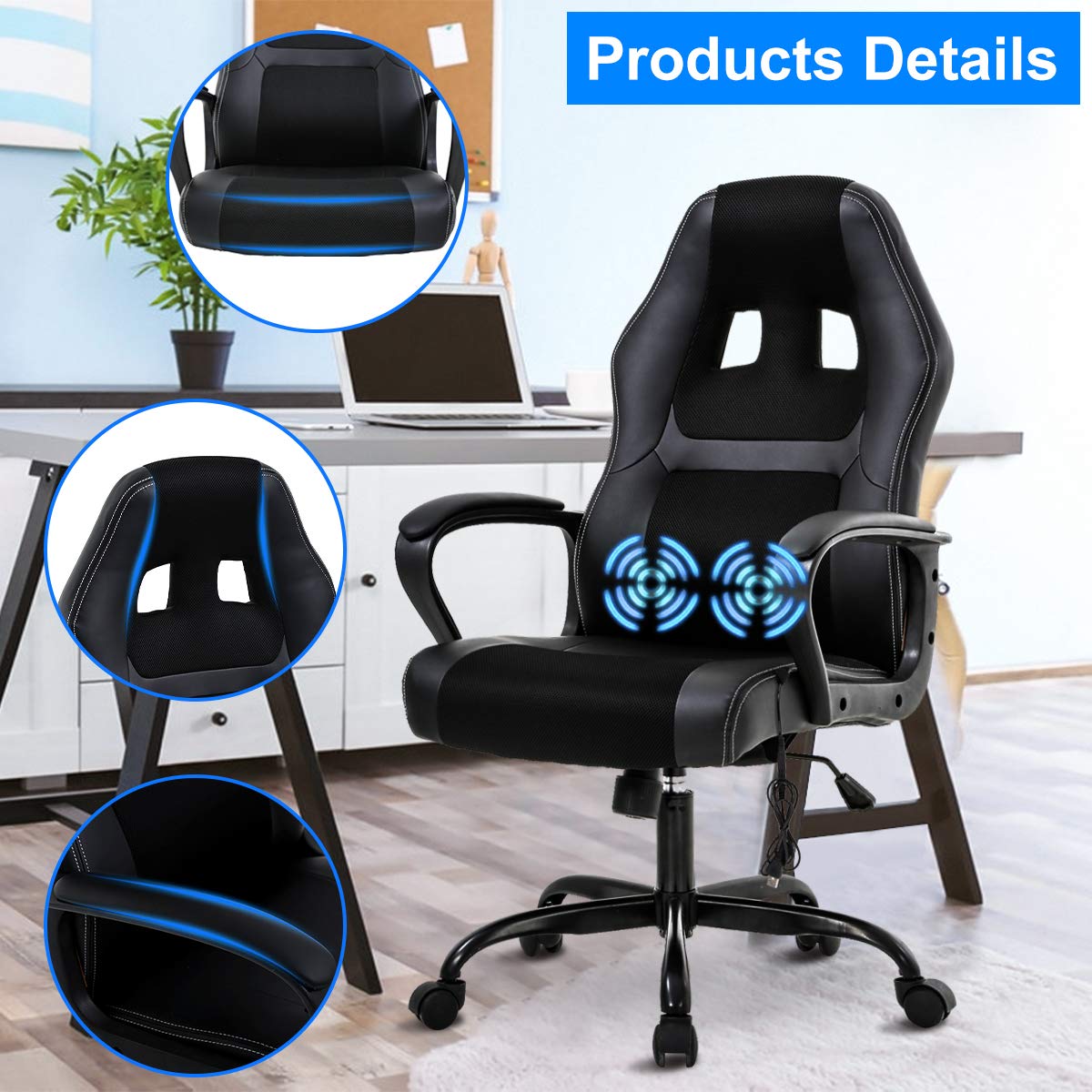 Ergonomic High Back Office Gaming Chair with Lumbar Support & Massage - PU Leather Executive Desk Chair with Adjustable Armrests & Swivel Base for Home Office, PC Gaming, and Workstation Use - Black
