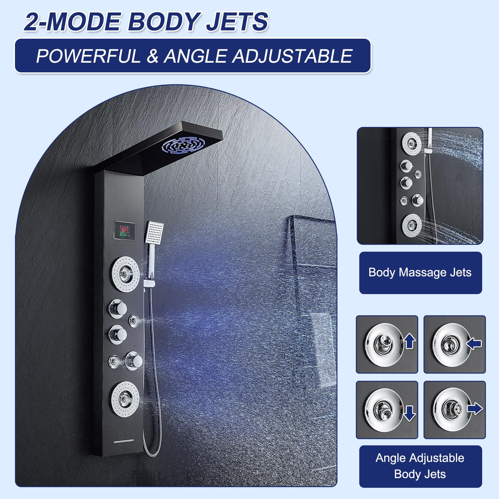 ROVATE 6-in-1 LED Shower Panel Tower System with Rainfall Shower Head, Body Jets, Handheld Spray & Digital Temperature Display - High Pressure Black Shower Column with Tub Spout for Luxury Bathroom Renovation & Spa Experience