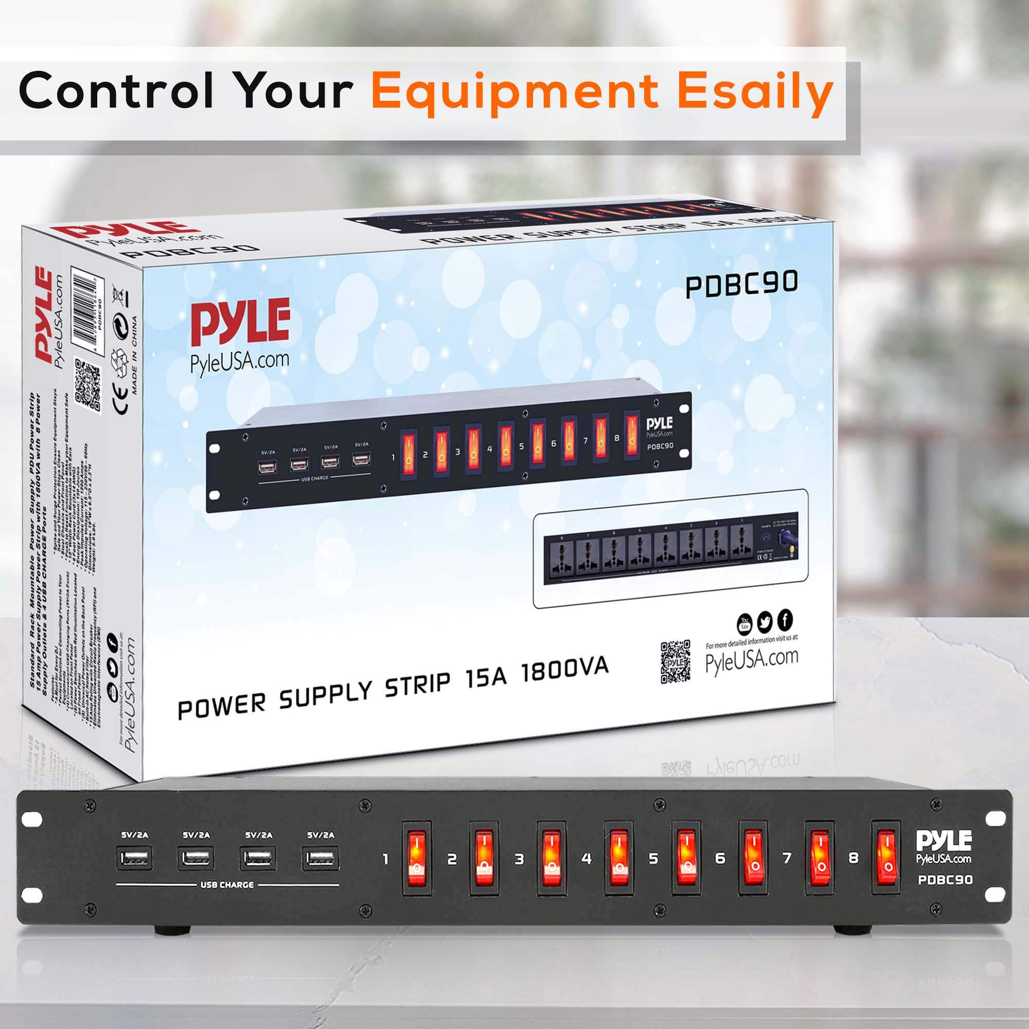 Pyle PDU Power Strip Surge Protector - 150 Joule 8 Outlet Heavy Duty Extension Cord with 8 Front Switch & 4 USB Ports, Rack Mount Power Outlet for Home Office, Server Room & Entertainment Center