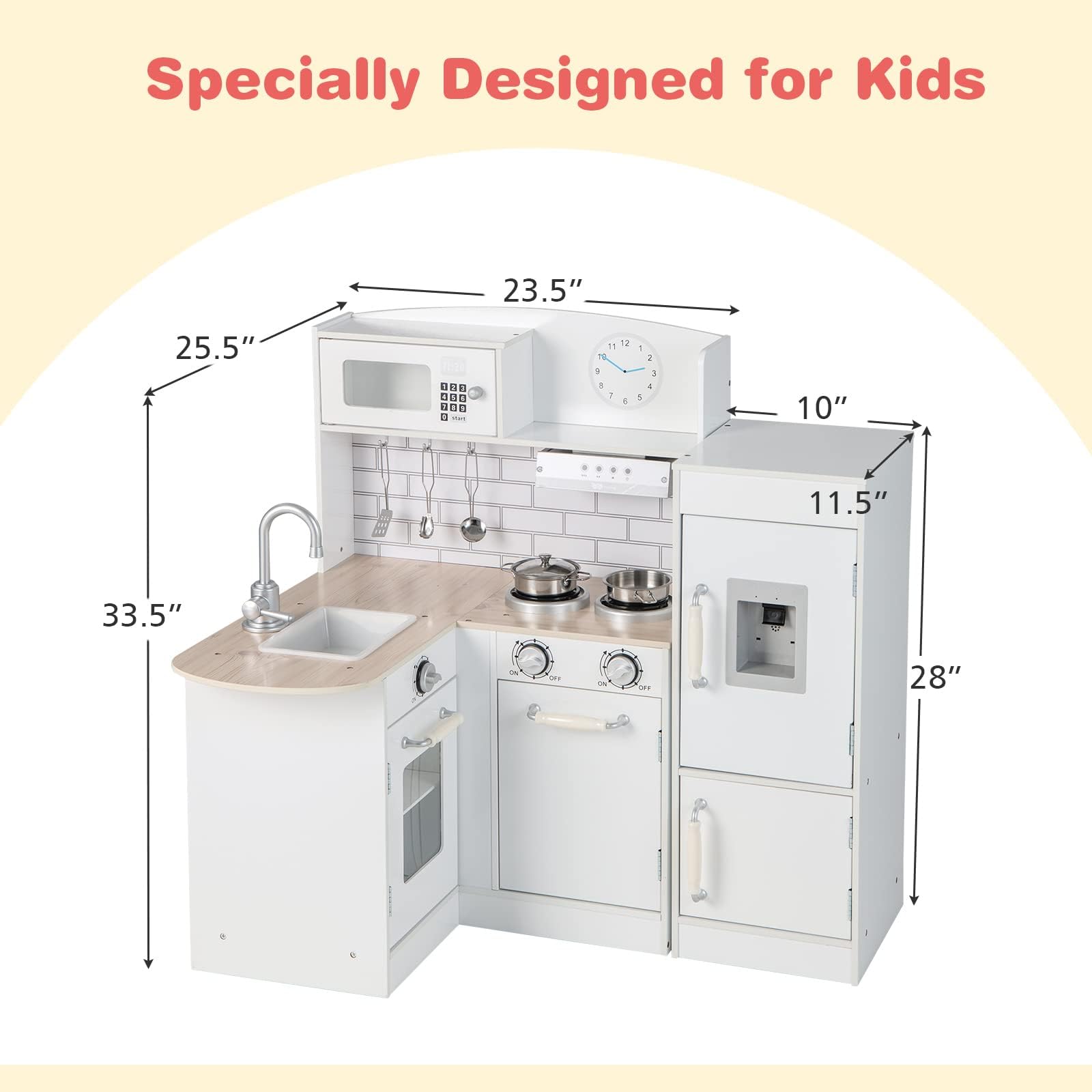 HONEY JOY Wooden Play Kitchen Set for Toddlers - Pretend Toy Kitchen with Water Dispenser, Microwave, Range Hood, Refrigerator & Cookware - Interactive Kids Kitchen Playset with Lights & Sounds - Perfect for Pretend Play, Role-Playing & Early Learning