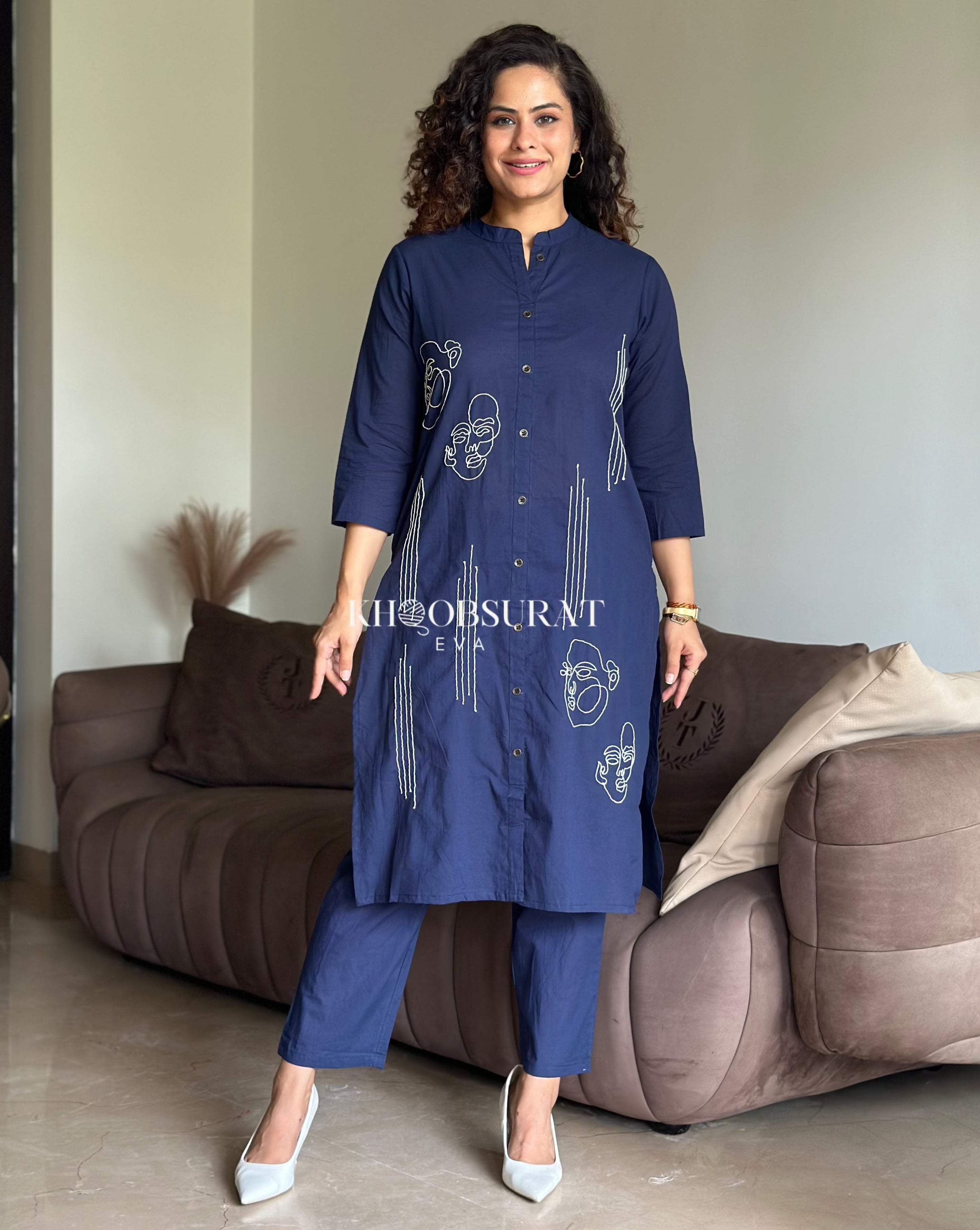 Stylish Blue Cotton Lovebird Kurta Set for Women - Comfortable & Trendy Indian Ethnic Wear for Festivals, Weddings & Casual Outings