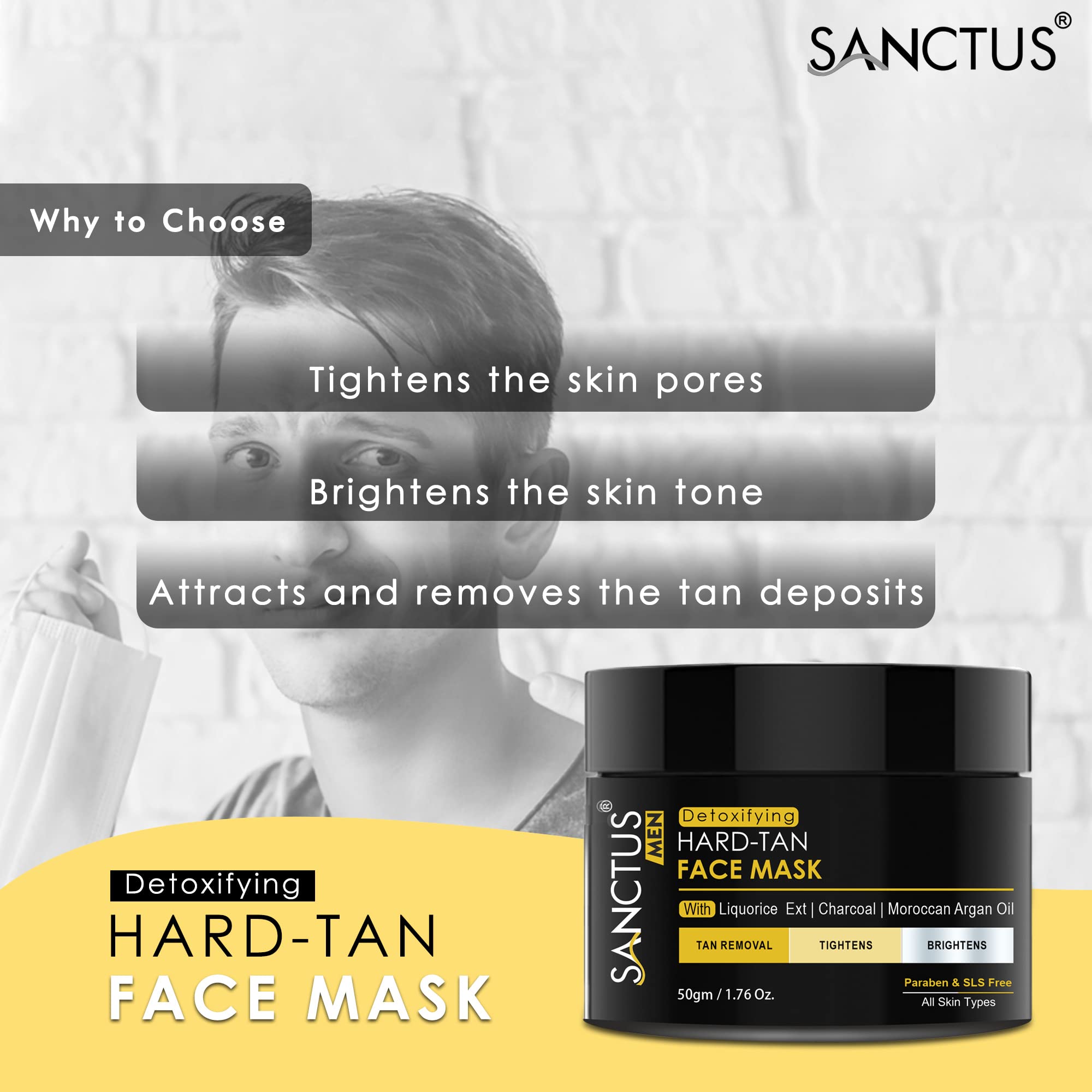 Men's Hard Tan Removal Face Mask - Fade Pigmentation & Dark Spots, Lighten Scars with Natural Extracts (Liquorice, Bamboo Charcoal, Argan Oil, Tea Tree Oil, Seabuckthorn) - 50g - Perfect for Post-Sun Care & Acne Scar Treatment