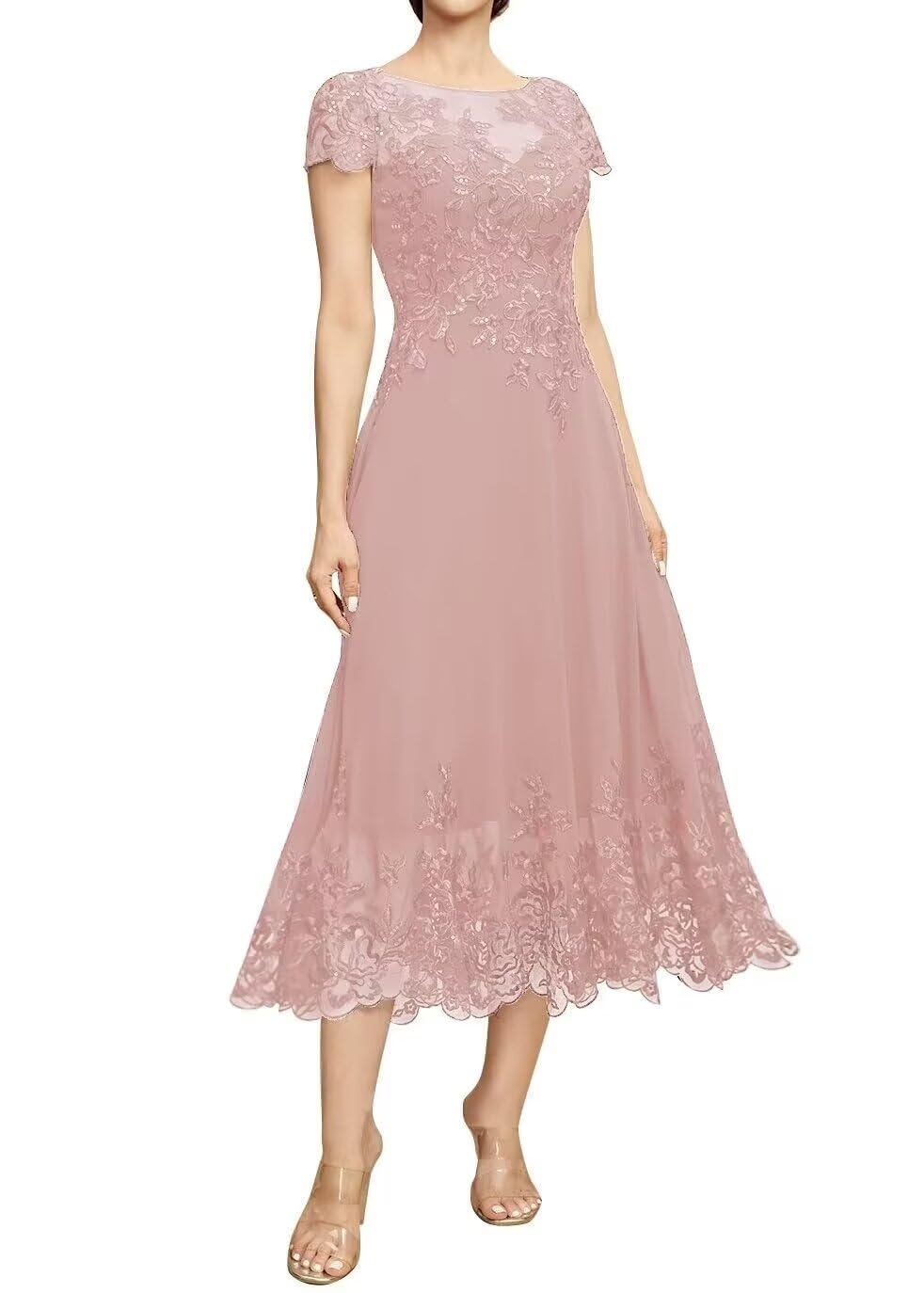 Elegant Lace Mother of The Bride Dresses - Tea Length Formal Evening Gowns with Chiffon Details | Perfect for Wedding Ceremonies, Receptions & Special Occasions