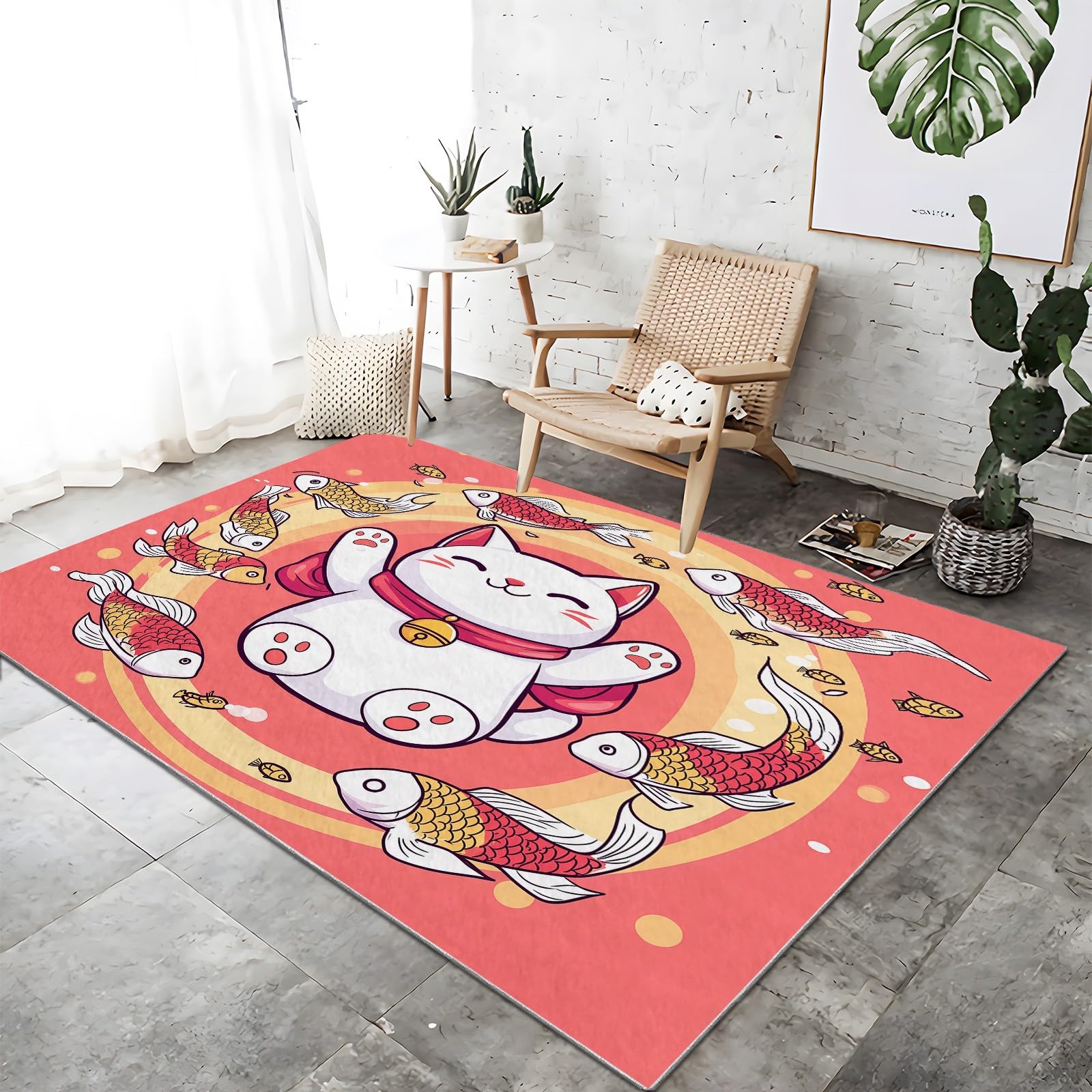6x9 ft Cartoon Cat and Fish Ultra Soft Washable Area Rug - Non-Slip Indoor Carpet for Living Room, Nursery, Kids Room, Dorm & Home Office Decor | Perfect for Cozy Spaces & Play Areas