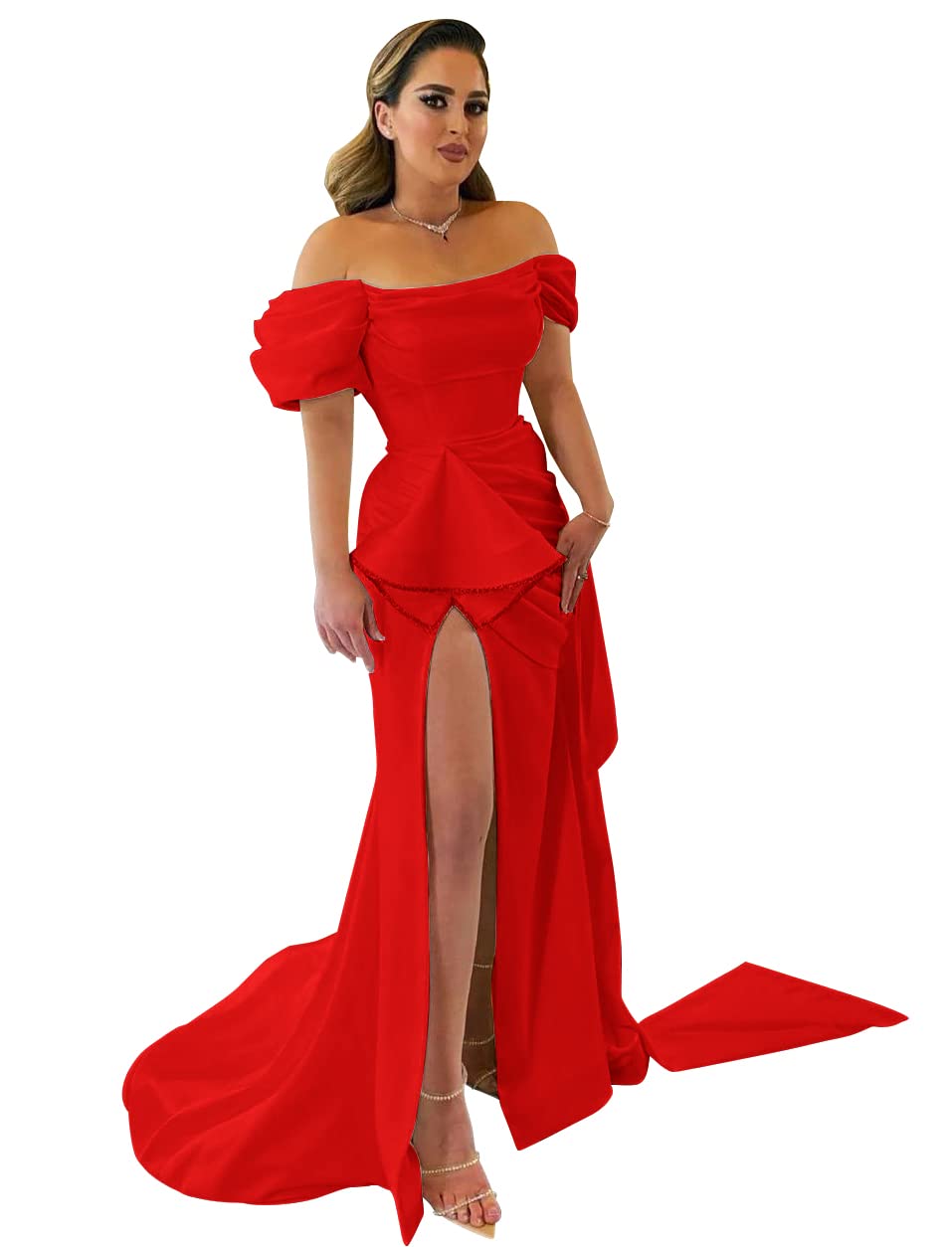 Elegant Off-Shoulder Beaded Puffy Sleeve Prom Dress - Mermaid Satin Long Evening Gown with High Slit for Women | Formal Wedding & Homecoming Party Dress | Perfect for Prom Night, Cocktail Party, and Special Occasions