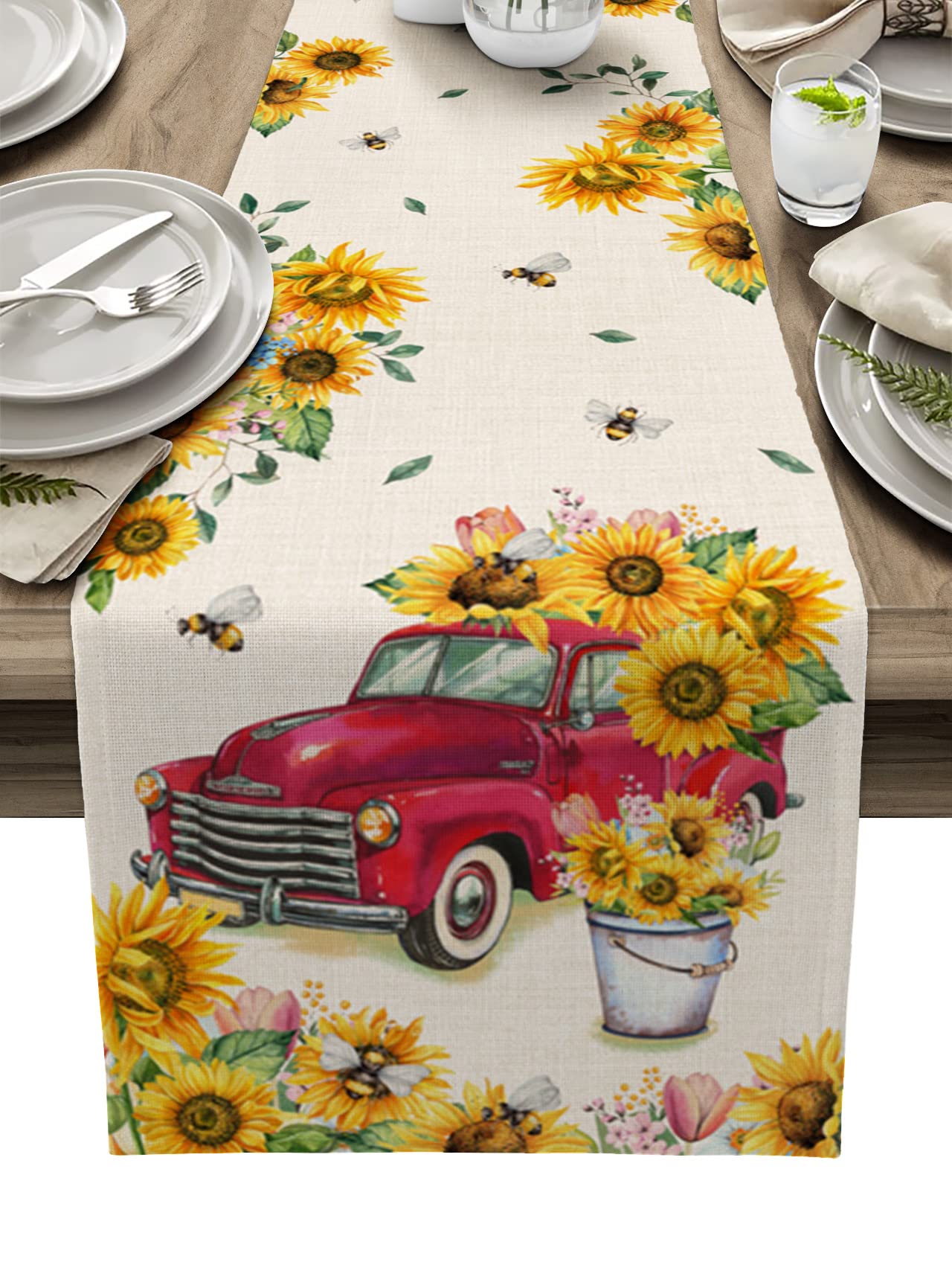 Vintage Floral Cotton Linen Table Runner - Non-Slip Spring Sunflower Design for Dining Table, Dresser & Coffee Table (13x70 Inch) - Perfect for Outdoor Weddings, Parties & Home Decor
