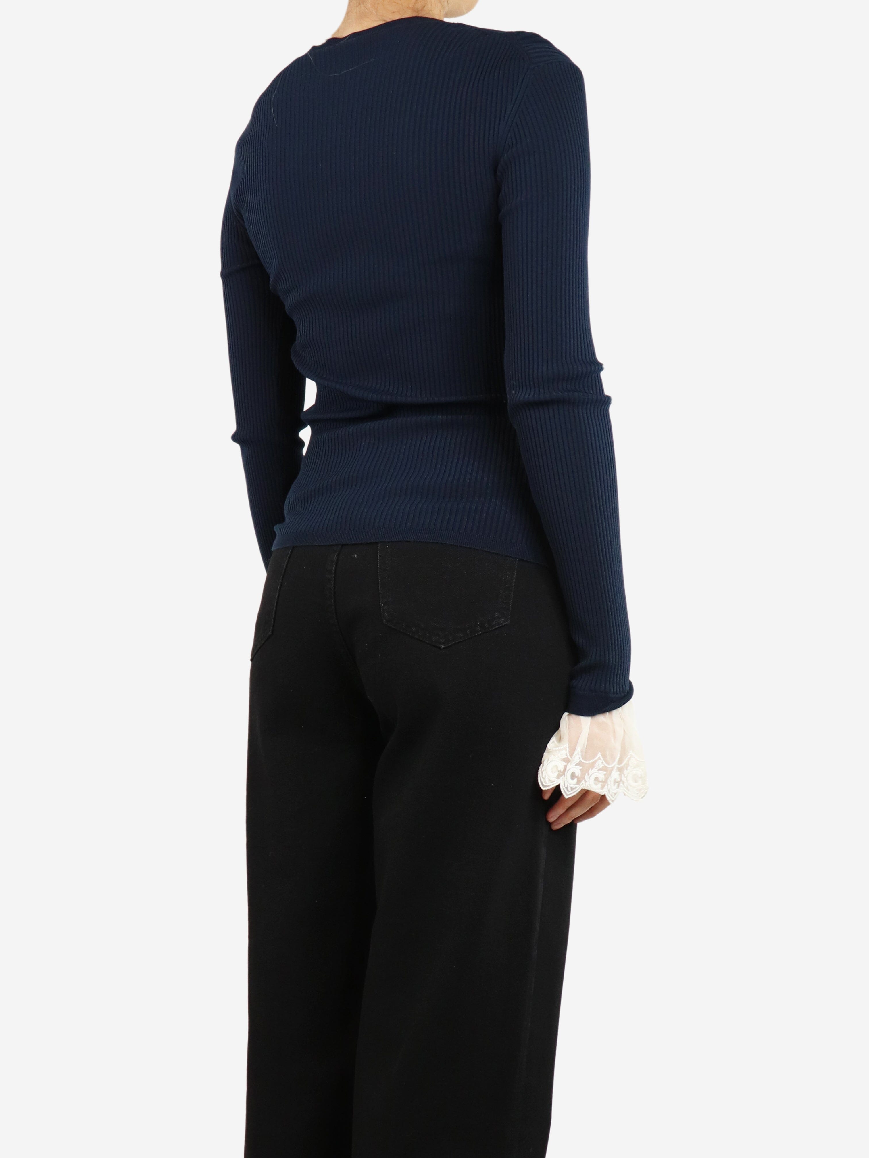 Blue Ribbed Sweater with Frilly Sleeves - Size S | Women's Fashion Knitwear for Casual Wear & Date Nights