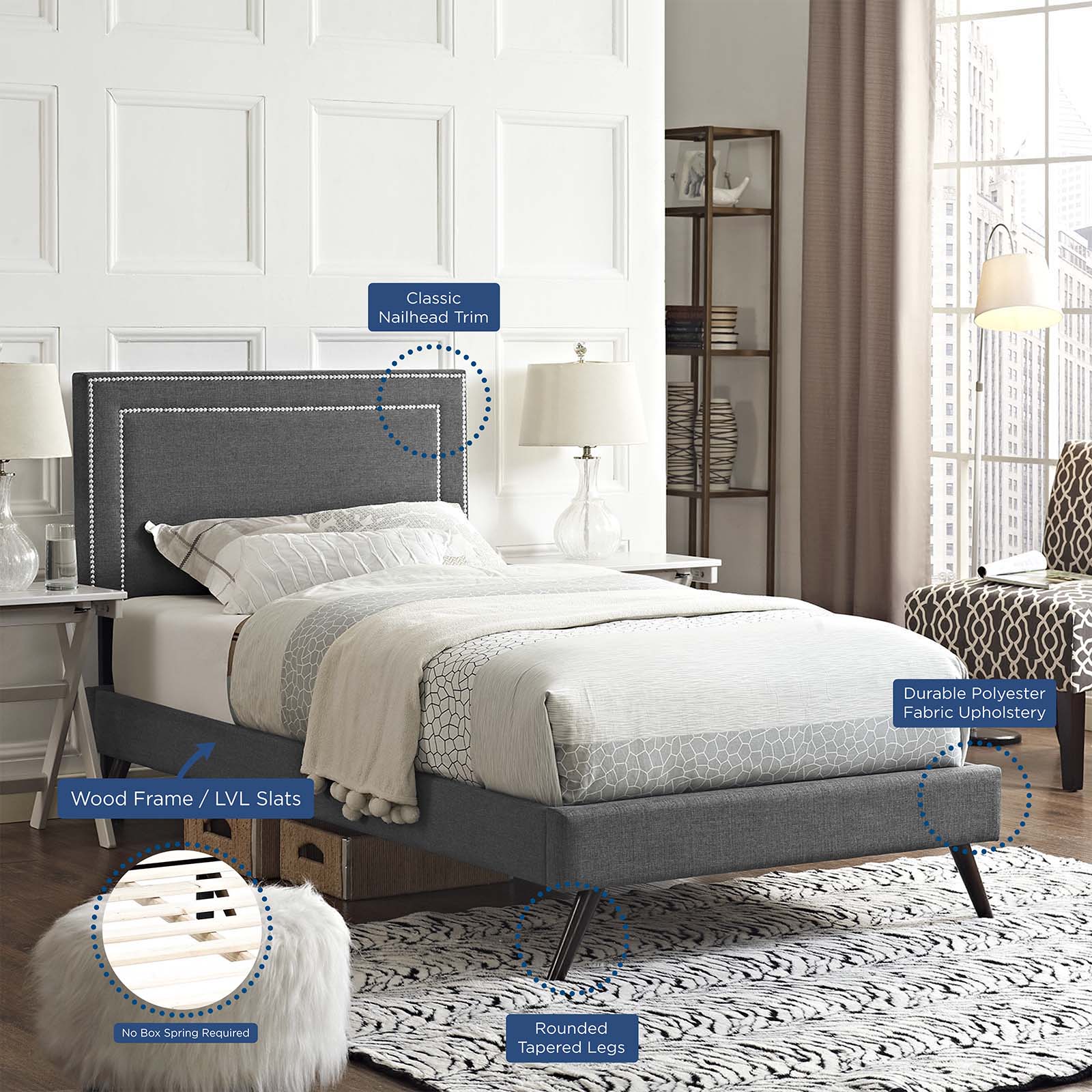 Virginia Fabric Platform Bed with Round Splayed Legs - Modern Upholstered Bed Frame for Bedroom - Perfect for Master Bedroom, Guest Room or Apartment