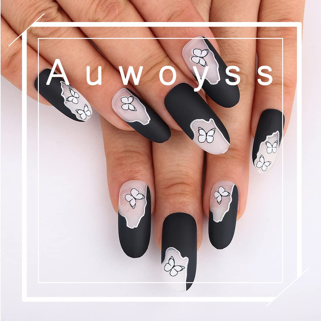 24PCS Black Matte Press On Nails Long Oval Fake Nails with Butterfly French Design - Full Cover Acrylic Nail Tips for Women & Girls | Perfect for Parties, Weddings & Daily Manicure