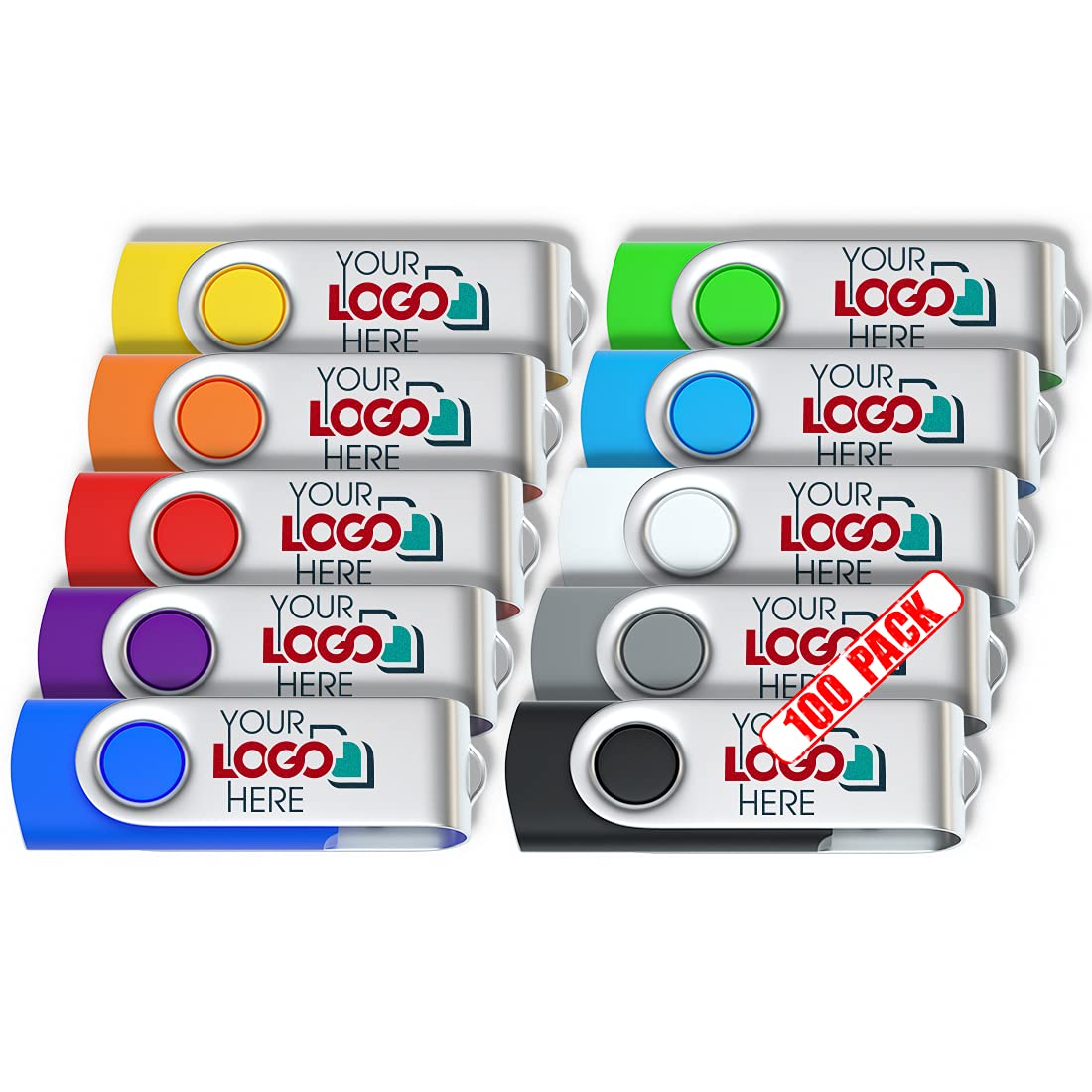 Custom Logo Swivel USB Flash Drive 2GB - Bulk USB 2.0 Memory Stick 100 Pack - Promotional Giveaways for Business Events, Trade Shows & Corporate Gifts
