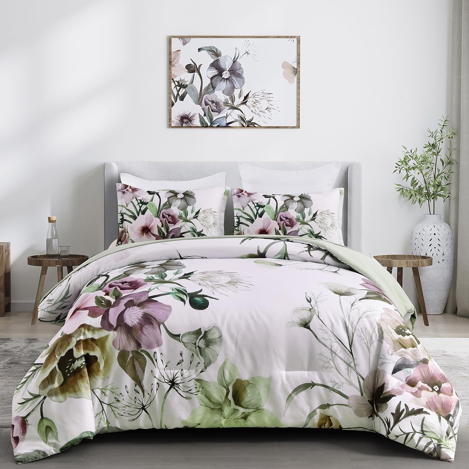 King Size Floral Comforter Set - 3 Piece Green Floral Bedding | Soft Microfiber All Season Duvet Cover | Perfect for Master Bedroom, Guest Room & Cozy Home Decor