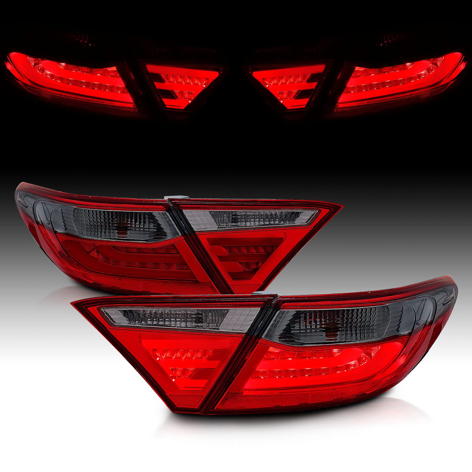 AmeriLite Red Smoke LED Parking Light Bar & Brake Tail Lights Pair - Compatible with 2015-2016 Toyota Camry 4-Door Sedan | Enhanced Visibility & Style for Night Driving & Custom Car Mods