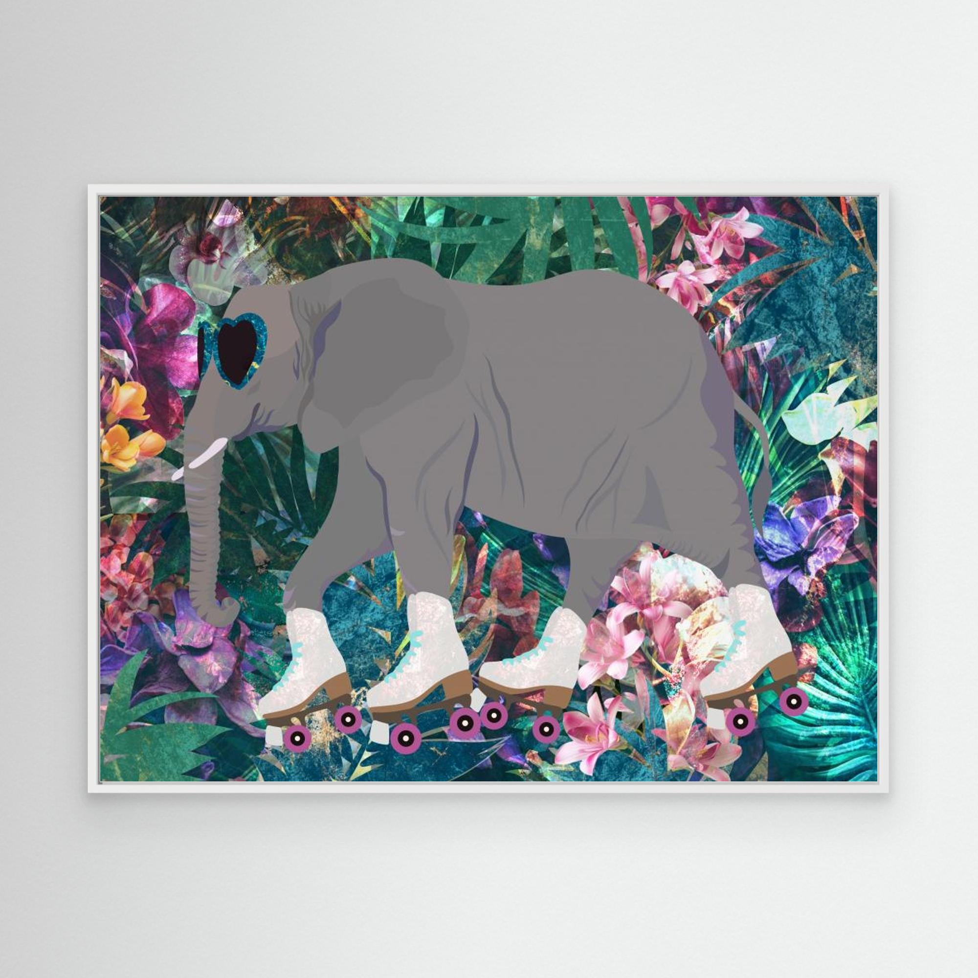 Elephant Rollerskating in the Jungle Canvas Print by Sarah Manovski - Unique Animal Art for Nursery, Kids Room & Skateboarder Decor
