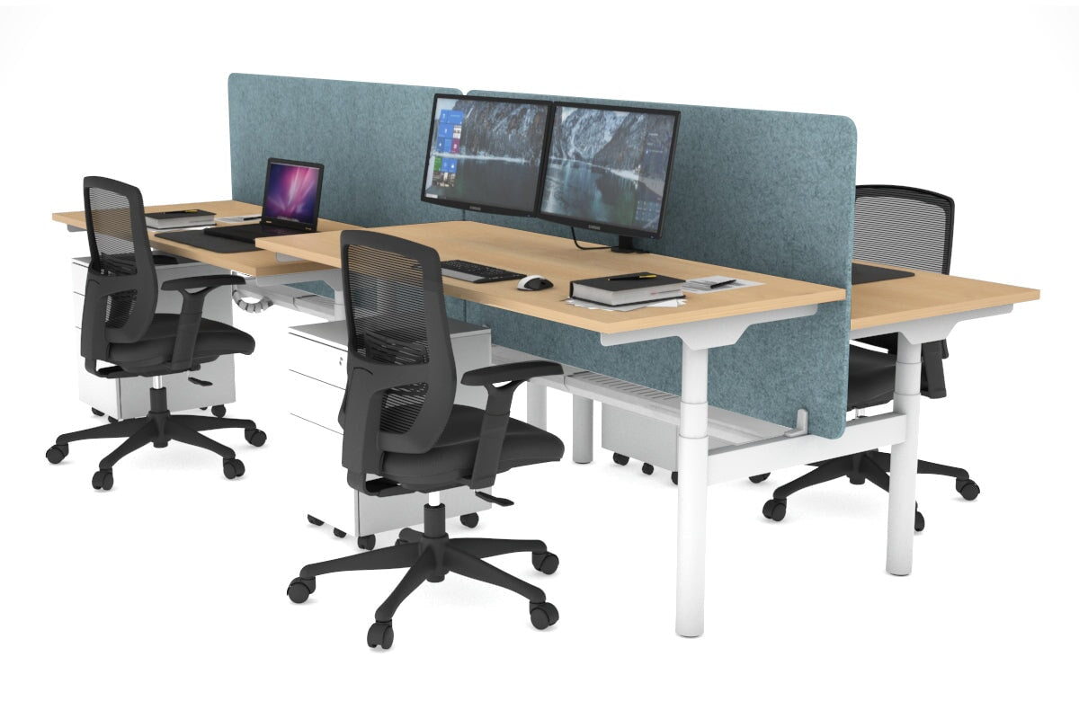 Flexi Premium Height Adjustable 4-Person H Bench Workstation - White Frame [1400L x 700W] - Ergonomic Office Desk for Collaborative Workspaces & Coworking Environments