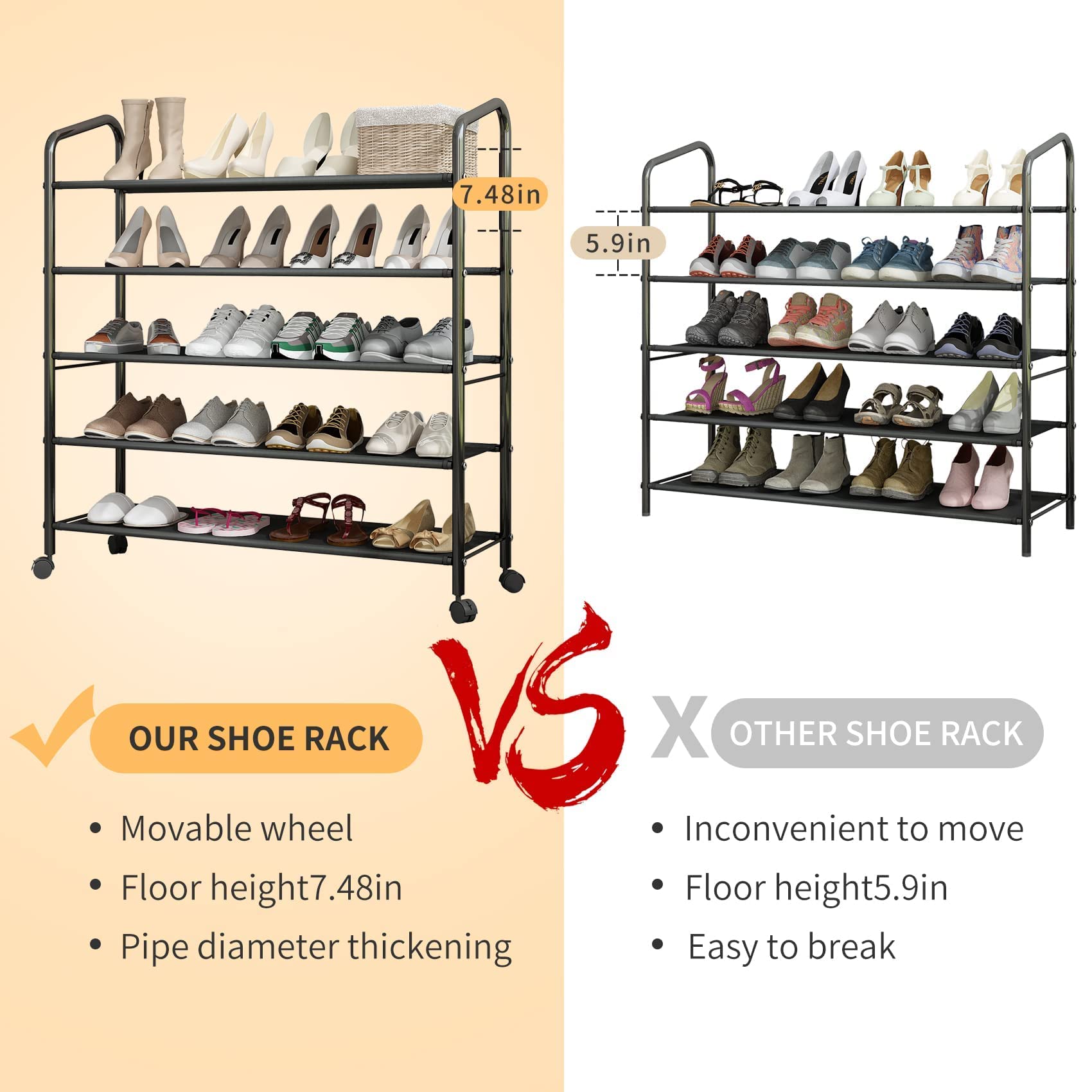 5-Tier Black Metal Shoe Rack Organizer with Wheels - Sturdy Rolling Shoe Storage Shelf for Entryway, Closet, Garage & Floor - 31-Inch Wide Fabric Shelves for Sneakers, Boots & Sandals - Space-Saving Home Organization Solution