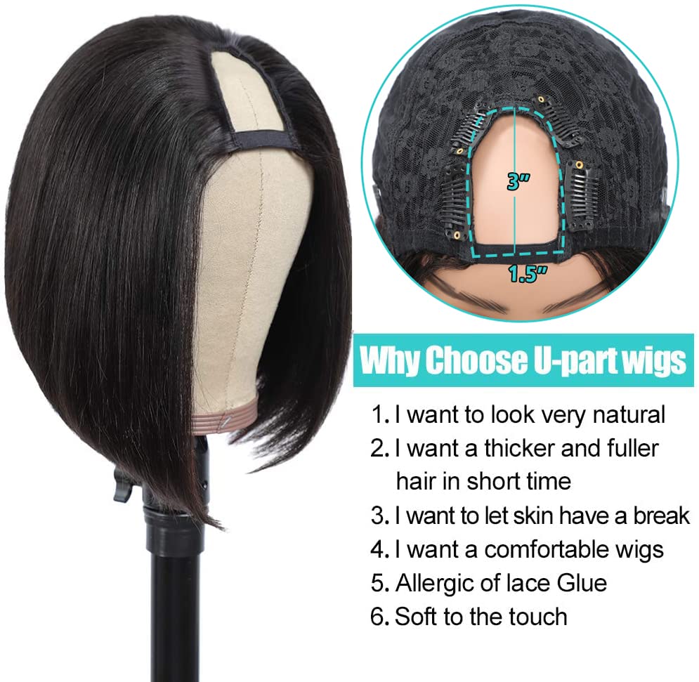 PANEWAY 10 Inch Short Bob Straight Wig - Brazilian Remy Human Hair U Part Wig for Black Women | Clip-in Half Wig & Hair Extensions | Natural Color | Perfect for Daily Wear, Parties & Special Occasions