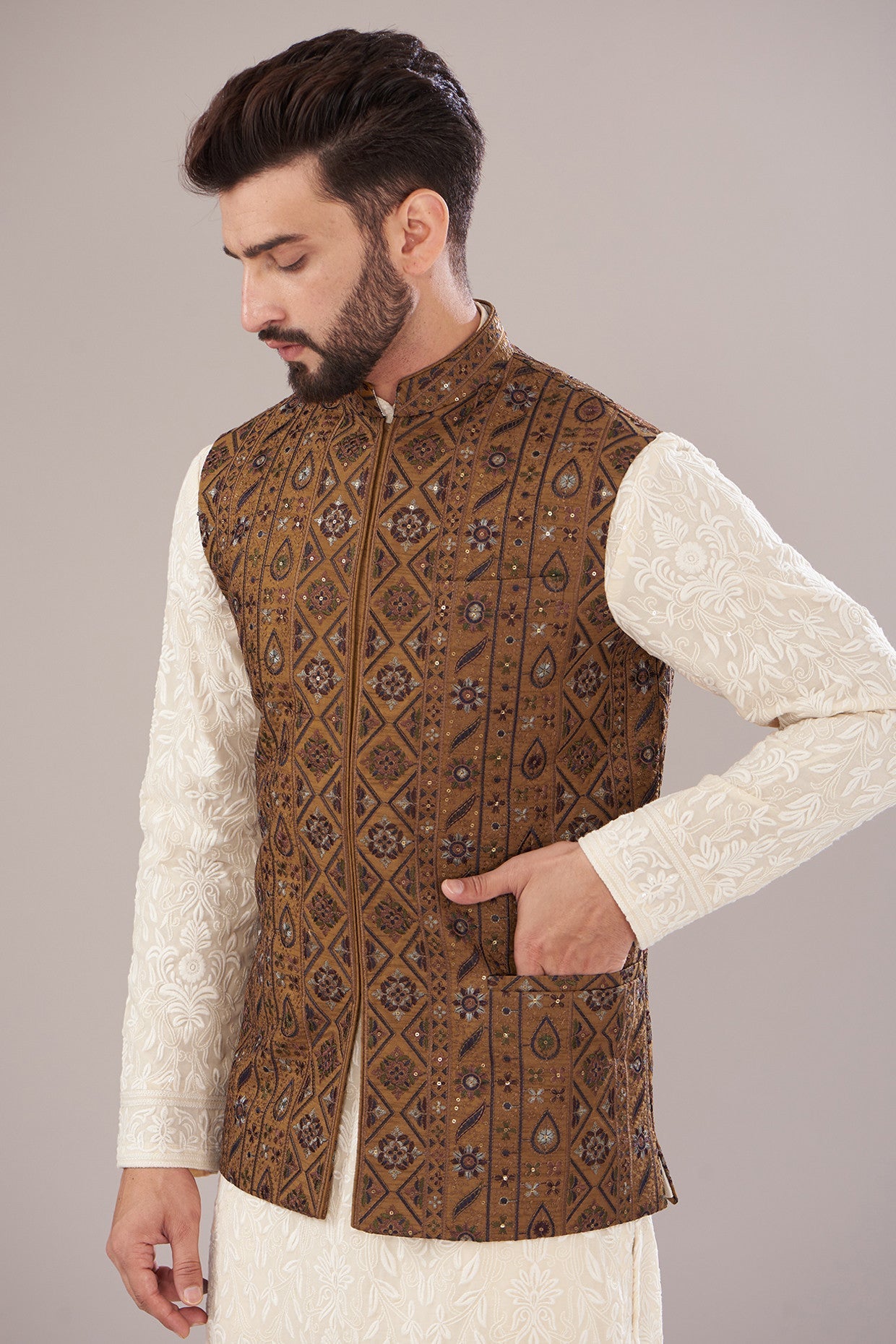 Mustard Yellow Silk Embroidered Nehru Jacket for Men - Elegant Indian Wedding Attire & Formal Occasions
