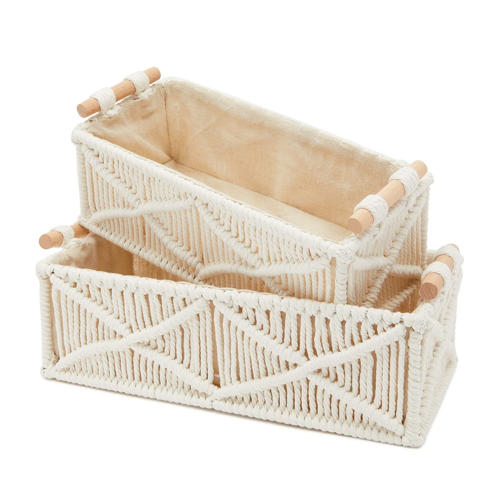 Okuna Outpost Set of 2 Macrame Storage Baskets with Wood Handles - Woven Home Decor Organizer Bins for Bedroom, Bathroom & Nursery (Ivory)