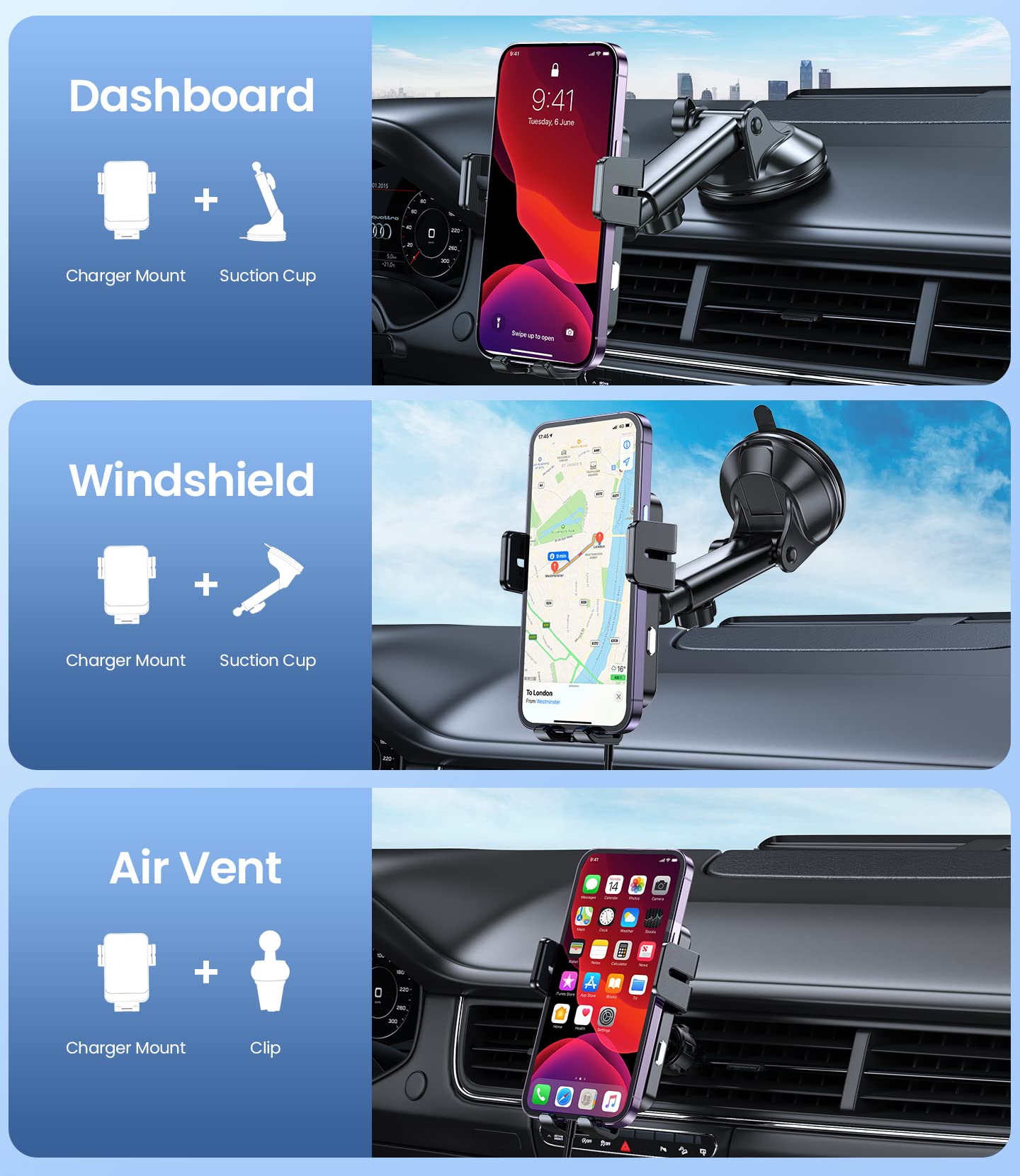 MOKPR 15W Fast Wireless Car Charger - Auto-Clamping Universal Car Mount for iPhone 16/15/14/13/12, Samsung S23/S22/S21 - Hands-Free Charging for Dashboard, Windshield & Air Vent - Perfect for Commuting, Road Trips & GPS Navigation