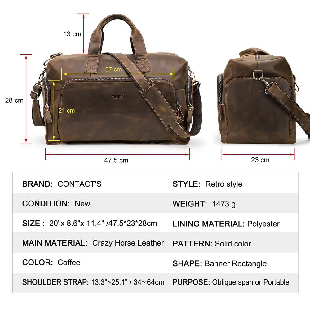 Premium Crazy Horse Leather Travel Duffel Bag for Men - Large Weekender Overnight Gym Sports Carry On Bag - Perfect for Business Trips, Gym Workouts & Weekend Getaways
