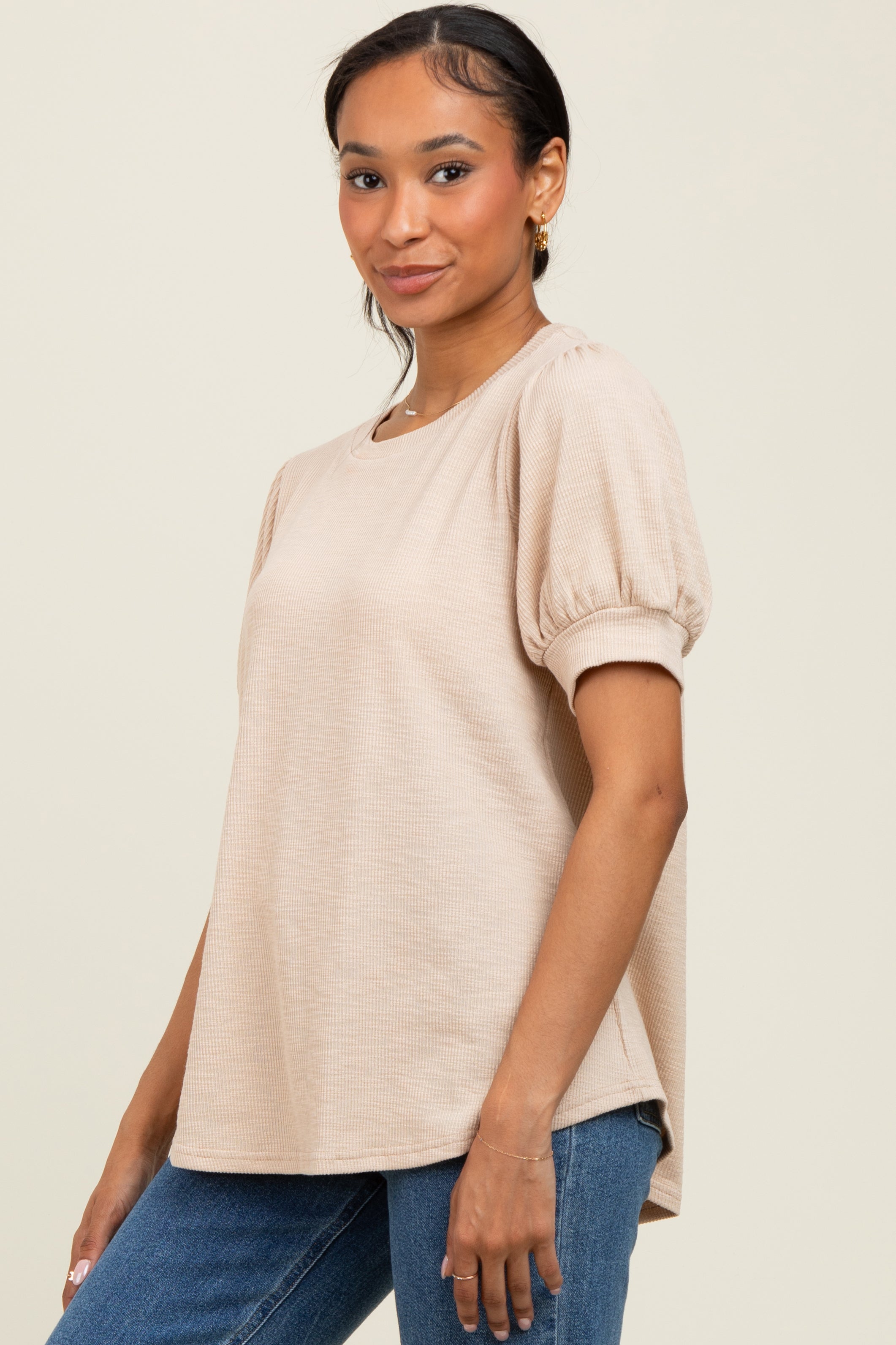 Beige Ribbed Puffed Sleeve Top for Women - Trendy Knit Blouse with Elastic Cuffs - Perfect for Casual Outings, Date Nights & Office Wear
