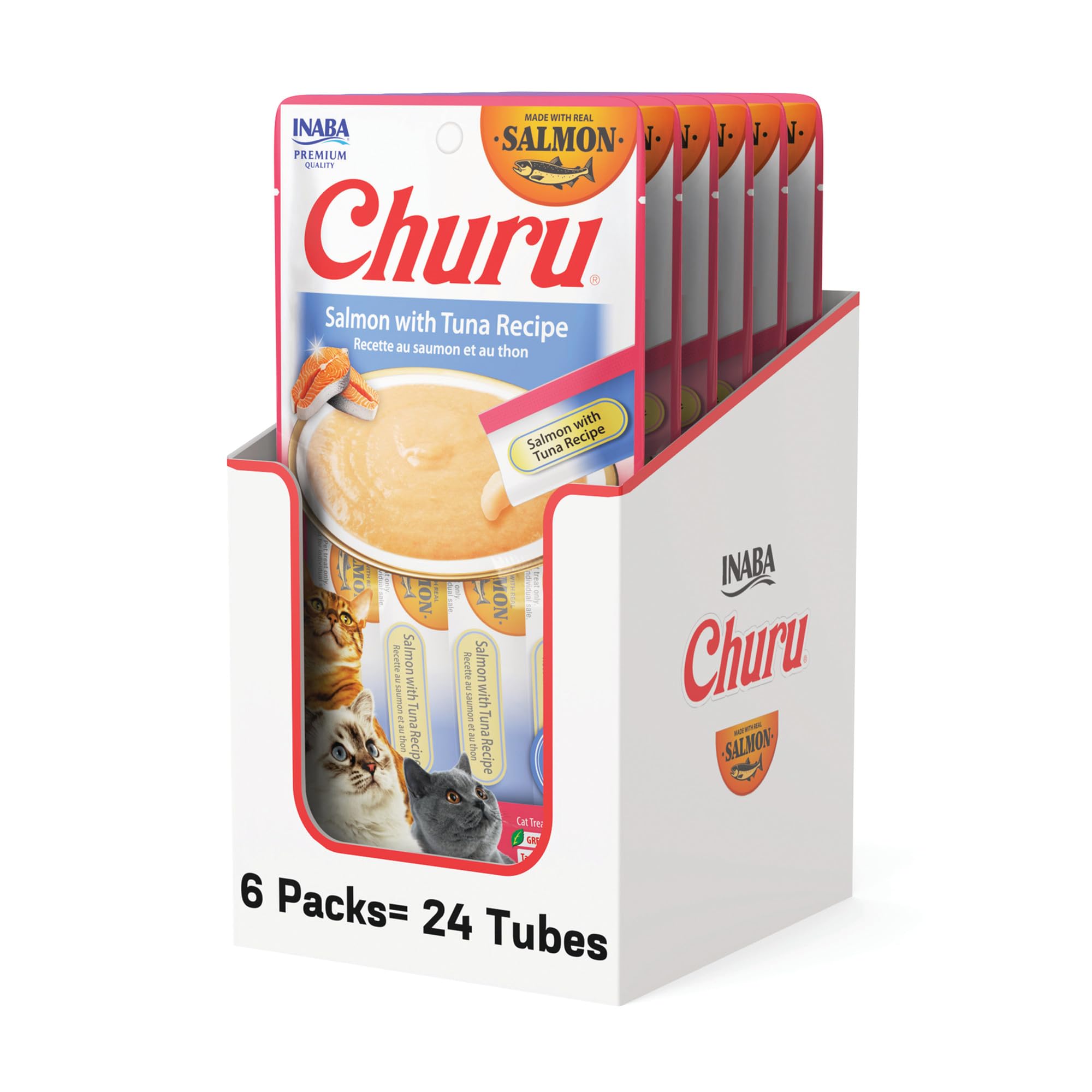 INABA Salmon Churu Cat Treats - Lickable & Squeezable Creamy Purée with Green Tea Extract & Taurine, 0.5oz Tubes (24 Pack, Salmon Tuna Recipe) - Perfect for Training, Bonding & Rewarding Your Cat