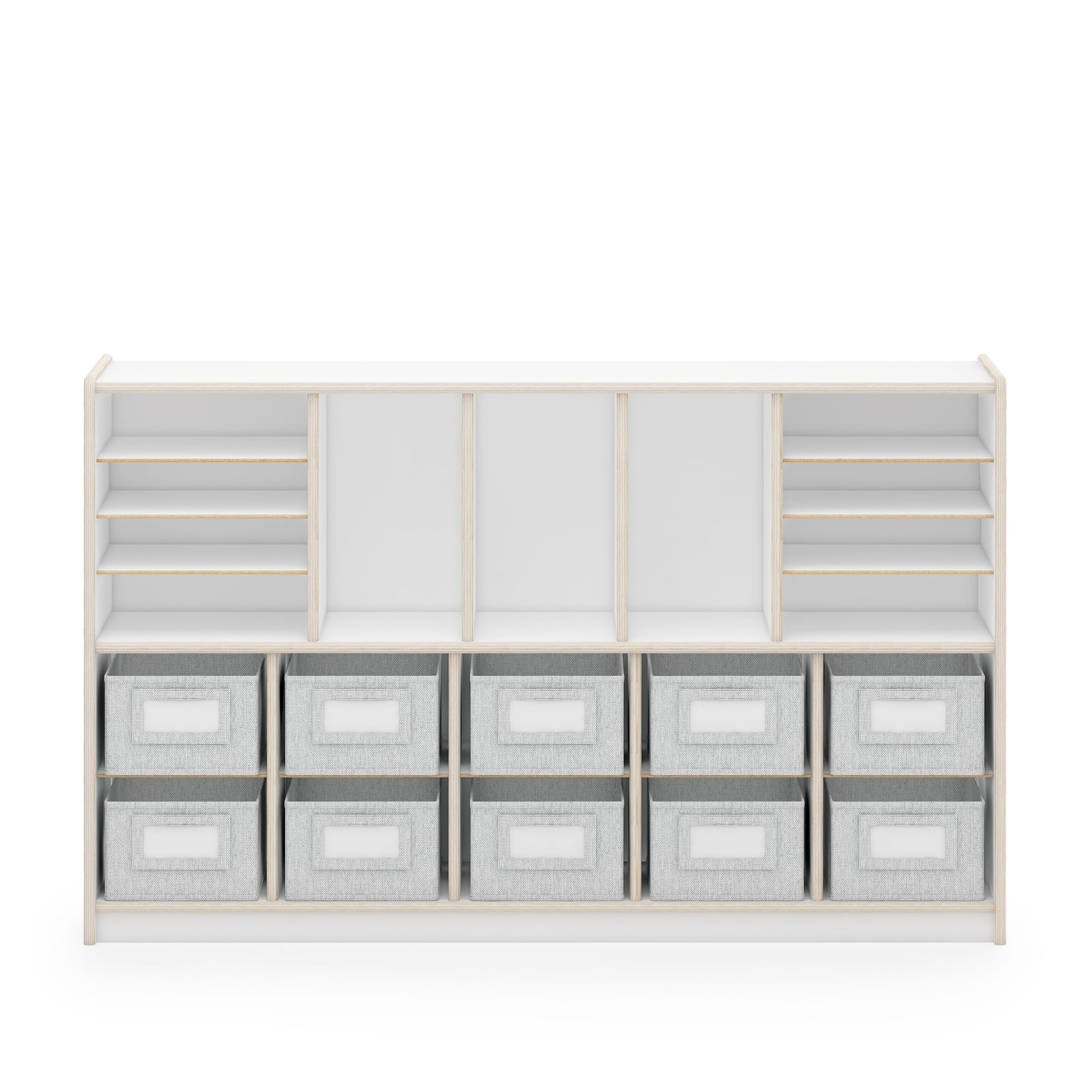 Guidecraft EdQ Shelves and 10 Bin Storage Unit - White Wooden Bookcase & Toy Organizer for Kids | Classroom, Playroom & Home Storage Solution | Books, Toys & School Supplies Organization