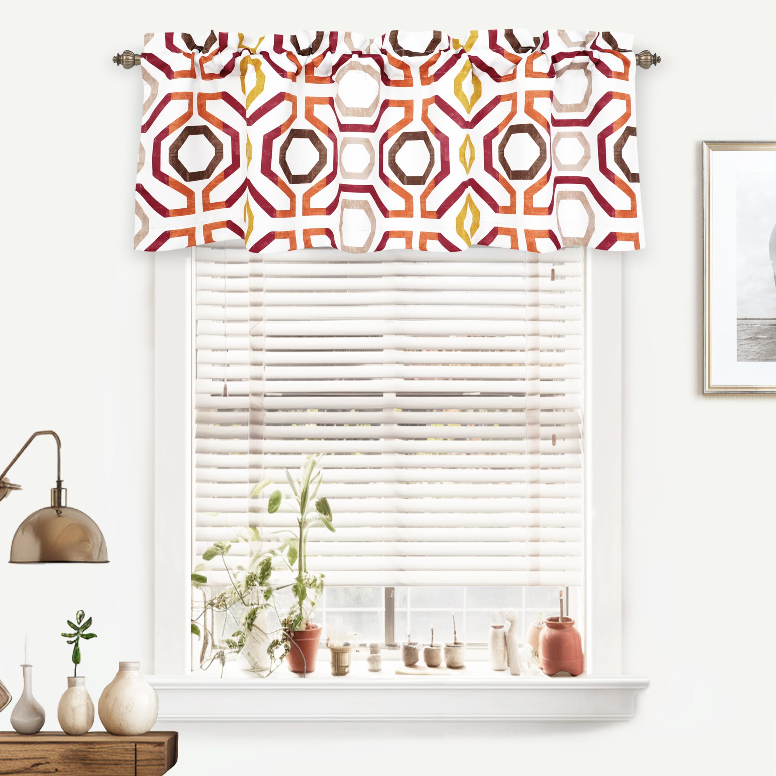 DriftAway Short Kitchen Window Valance Curtains 1 Pack - Camden Geometric Lattice Design 52 x 18 Inch, Thick Fabric for Living Room, Laundry & Bathroom - Terracotta Gold Color for Small Windows | Perfect for Home Decor & Privacy