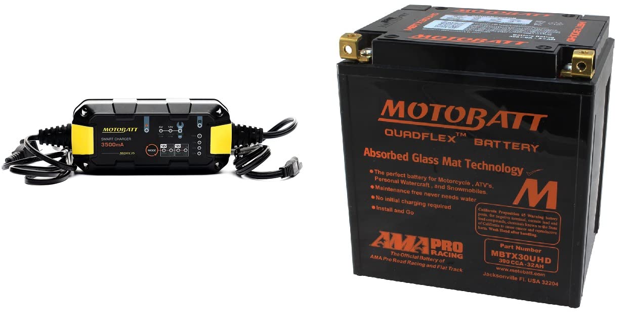Motobatt MBRC35 Battery Charger with MBTX30UHD QuadFlex AGM Battery - Maintenance Charger for Motorcycle, ATV, UTV - Factory Activated Combo for Easy Installation & Long-Lasting Performance - Perfect for Off-Road Vehicles & Powersports Enthusiasts