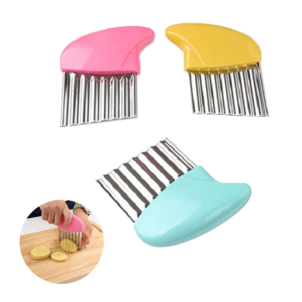 Stainless Steel Potato Slicer - 3PC French Fry Cutter Set with Corrugated & Wave Blades (Pink, Yellow, Blue) - Perfect for Home Kitchen, Fast Food Prep & Party Snacks