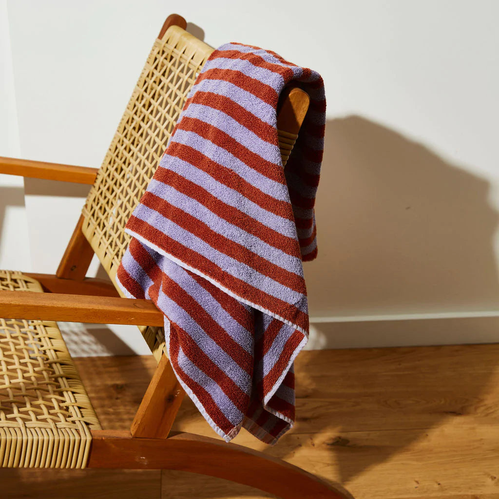 Premium Red Ochre & Lilac Striped Bath Towel - Soft, Absorbent & Quick-Drying - Perfect for Spa, Beach & Luxury Bathroom Decor