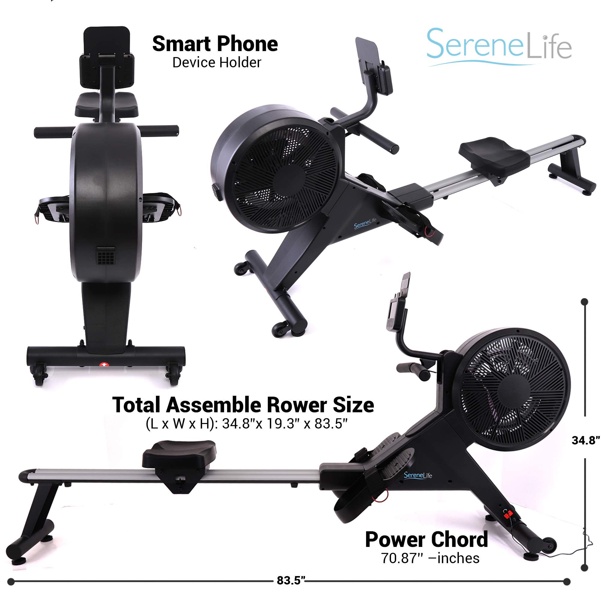 SereneLife Smart Rowing Machine with Magnetic Resistance - 16 Adjustable Levels, Bluetooth Fitness App for Home Workouts | Compact Home Gym Equipment for Cardio & Strength Training (Perfect for Small Spaces & Apartment Fitness)