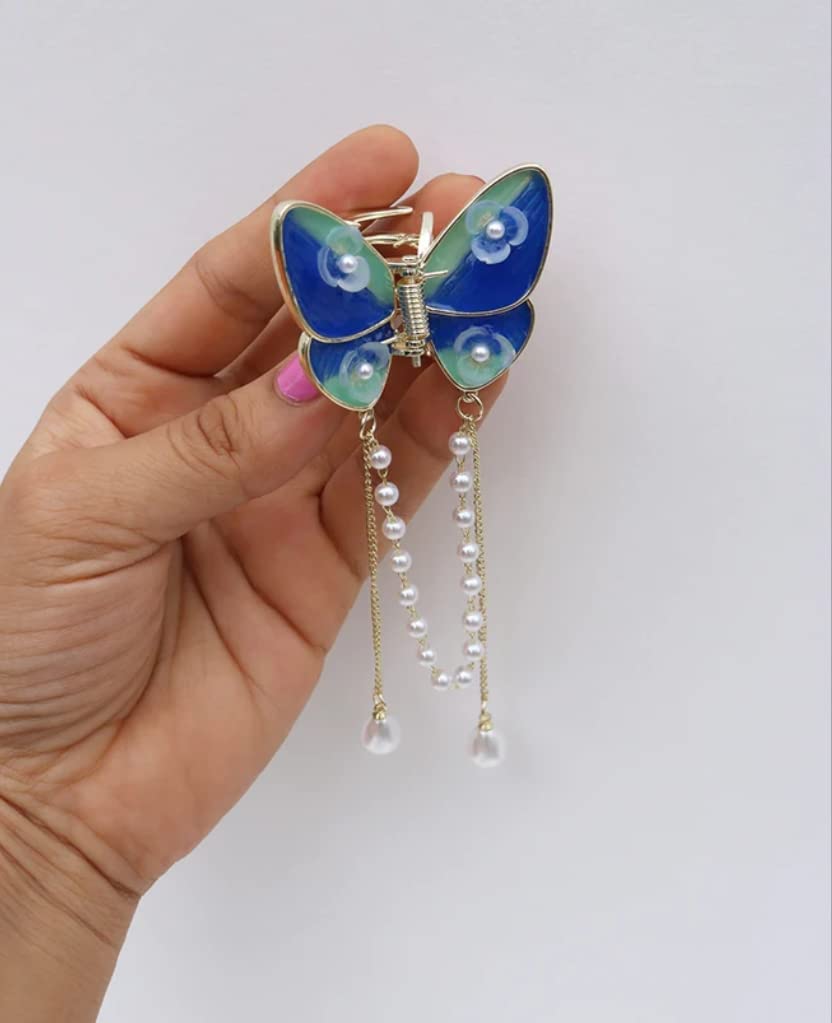 PLUCKET® Rhinestone Butterfly Hair Clips with Pearl Tassel - Small Hair Claw Barrettes for Women & Girls - Blue Hair Accessories for Parties, Weddings & Everyday Styling