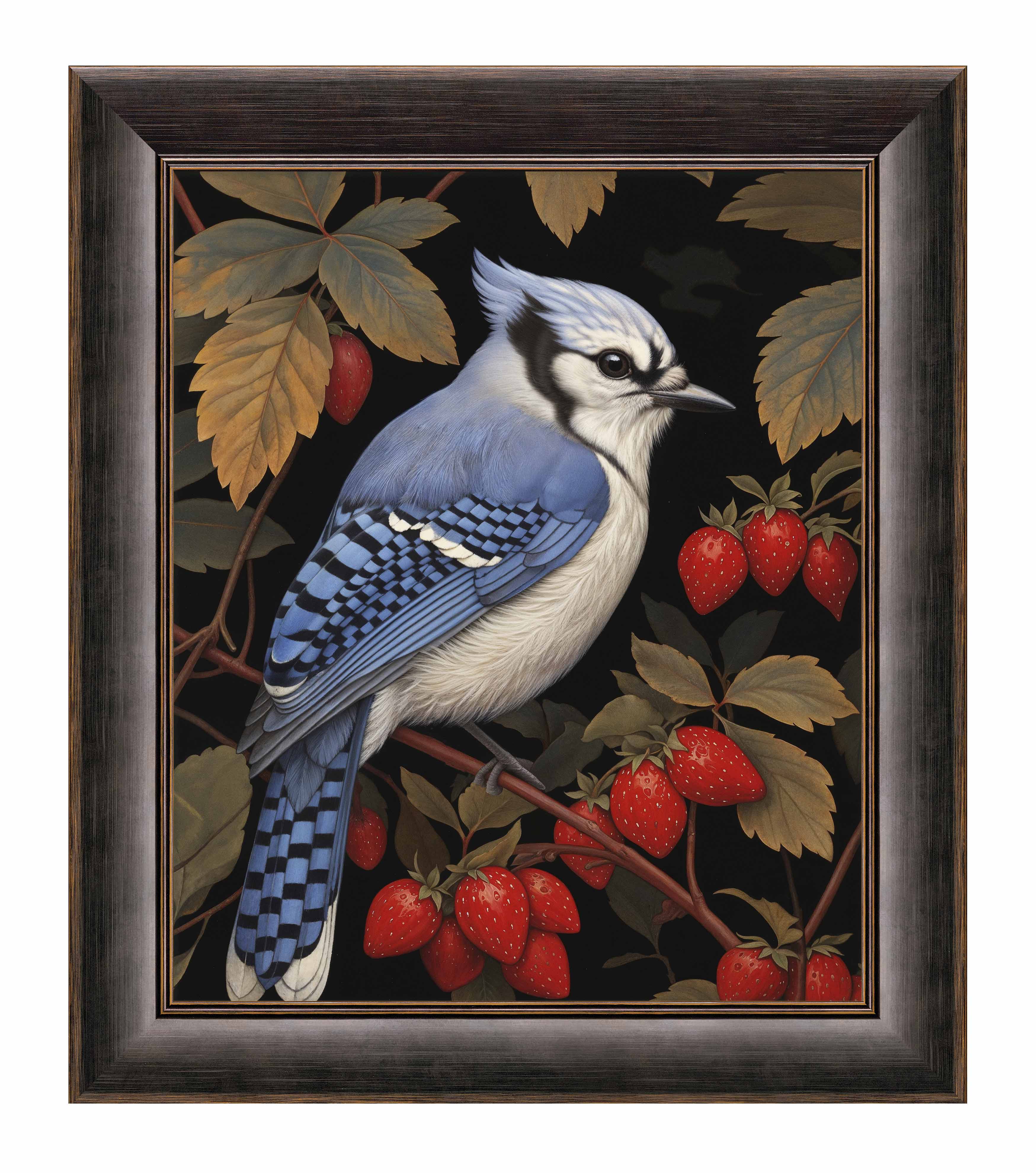 Berry Bliss Blue Jay in Strawberry Patch - Limited Edition Canvas Wall Art for Home & Office Decor | Nature Inspired Painting for Living Room, Bedroom, Nursery