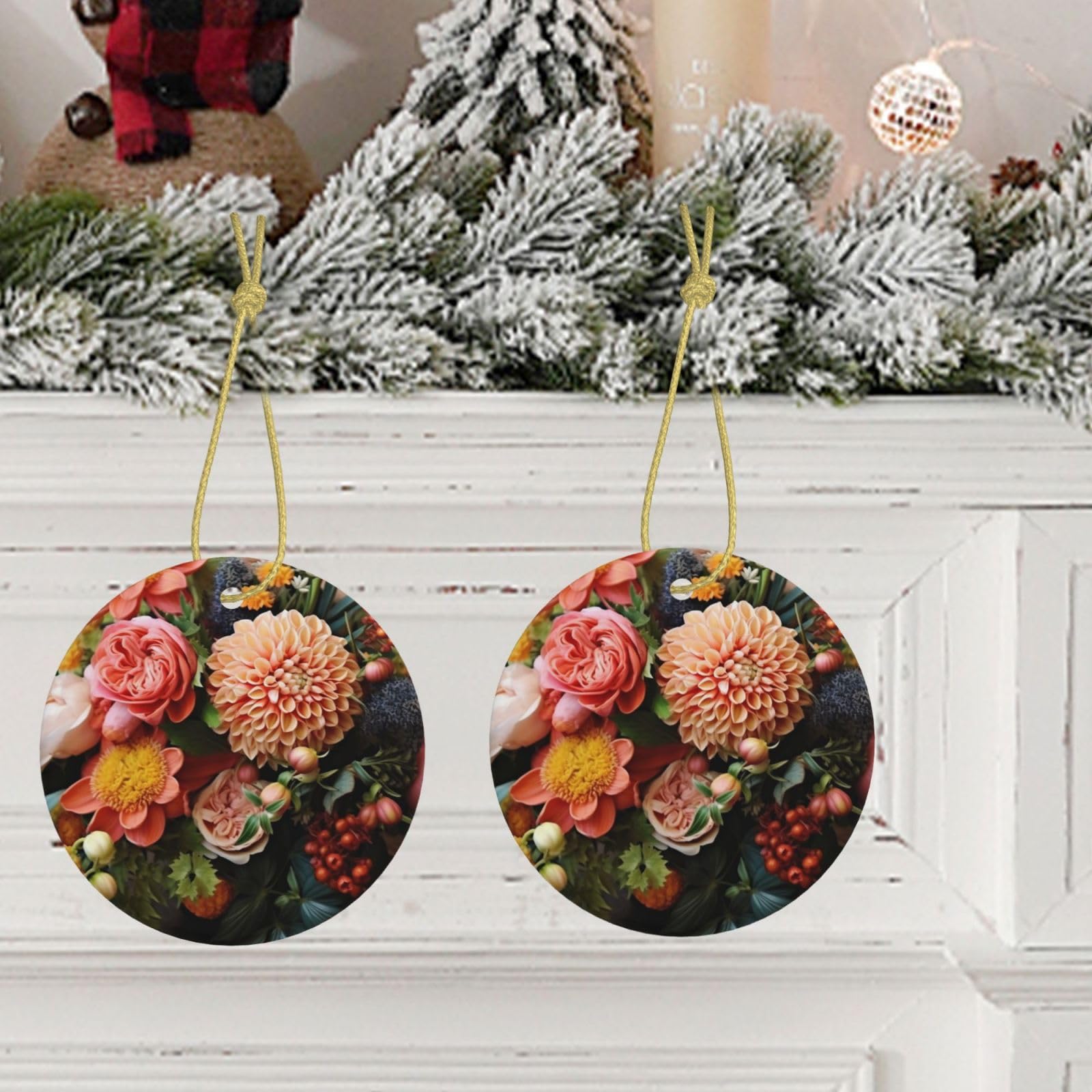 Christmas Tree Ceramic Hanging Ornaments - Round Botanical Floral Decor with Gold Ribbon for Holiday Decorations | Perfect for Xmas Tree, Home, Office & Gift Giving