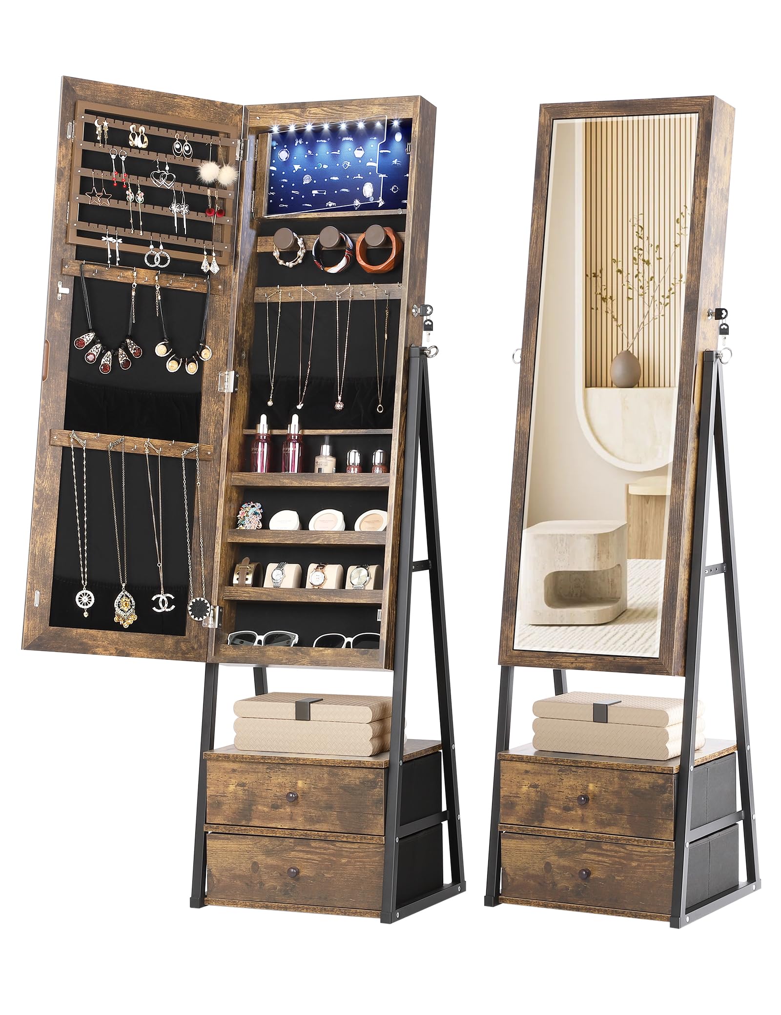 Nicetree Jewelry Cabinet Armoire with 2 Drawers & Lockable Mirror - Full Length Standing Jewelry Storage Organizer in Rustic Brown | Perfect for Bedroom, Dressing Room & Closet Organization