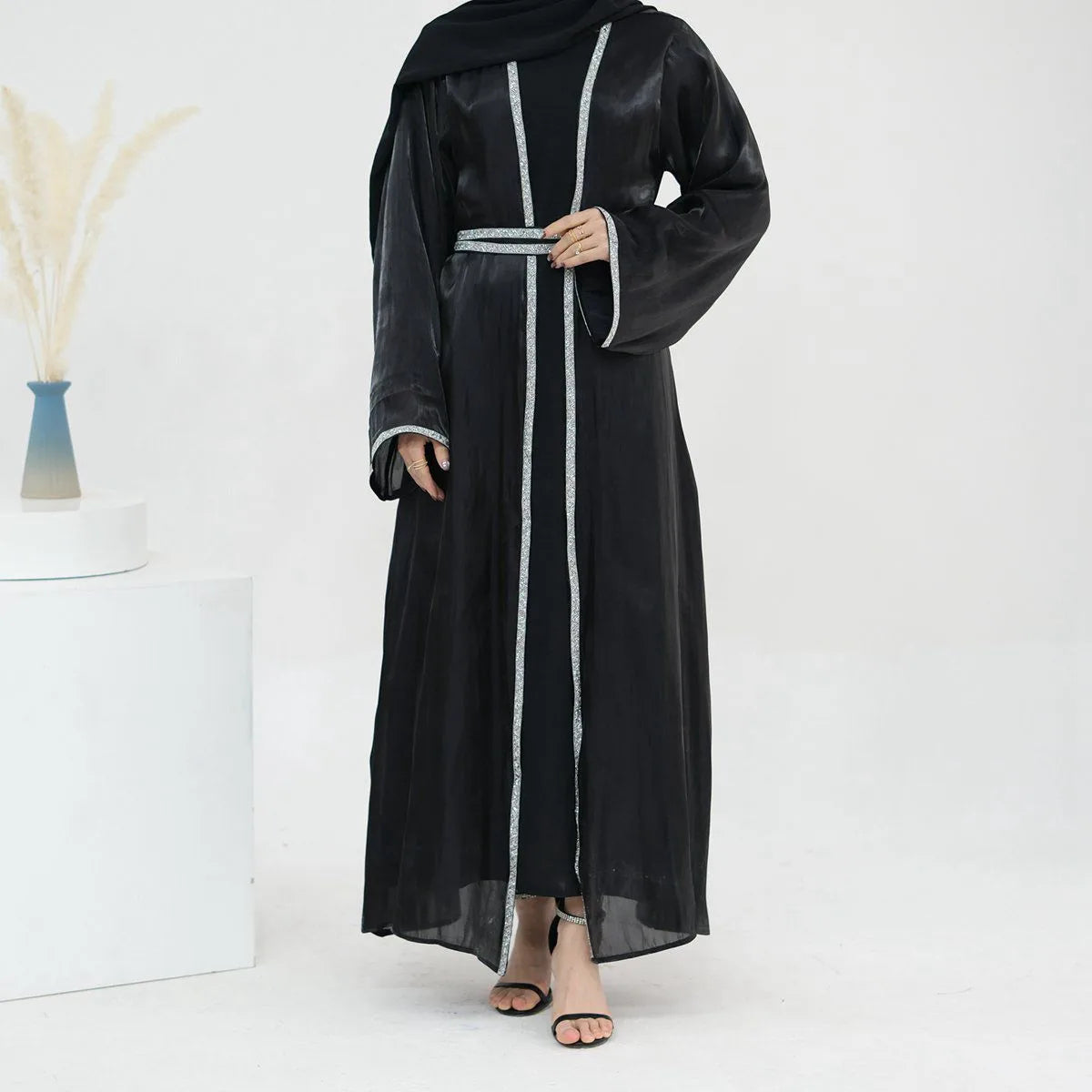 2-Piece Hotfix Rhinestone Sparkling Open Abaya Dress Set with Inner Dress - Perfect for Weddings, Parties & Special Occasions