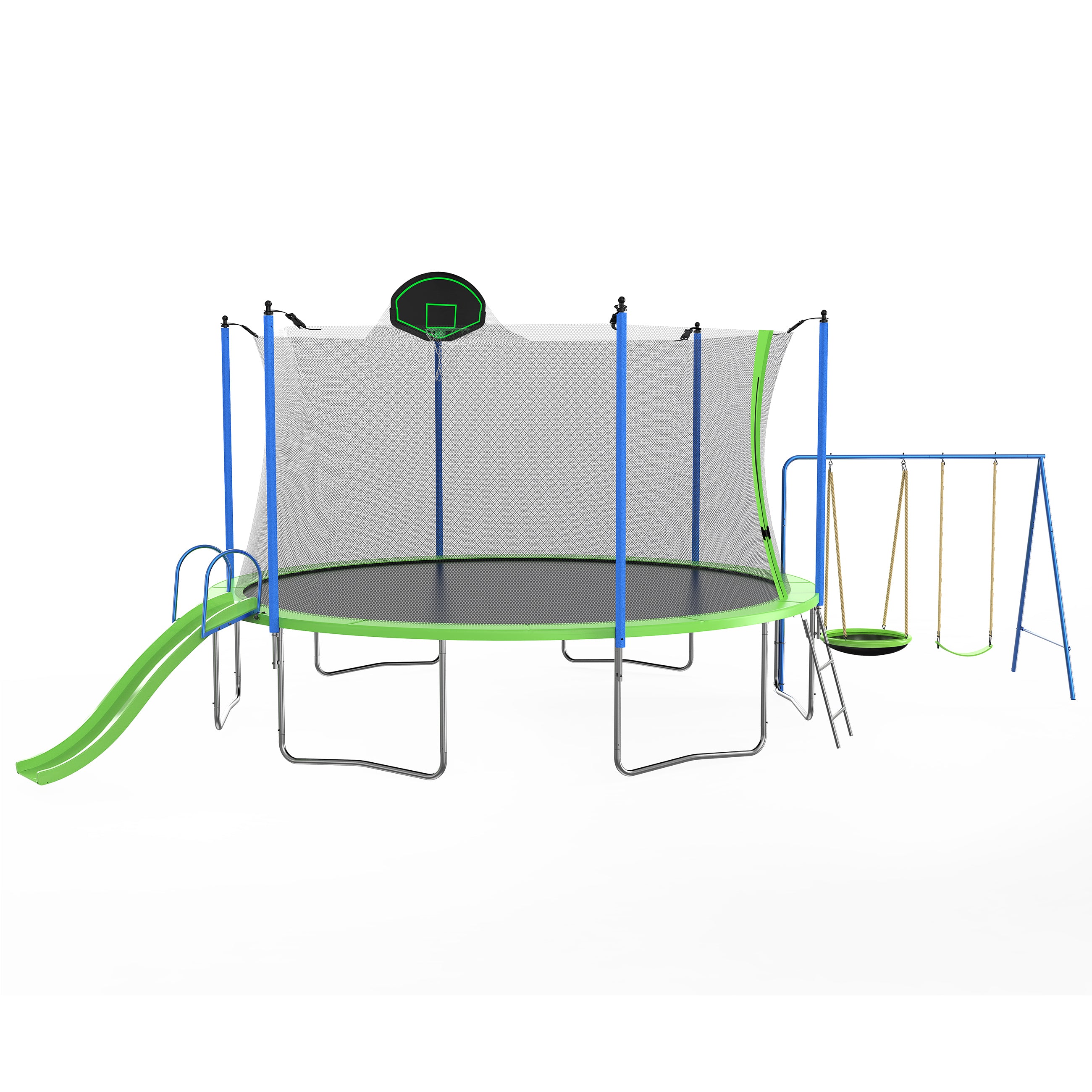 14FT Outdoor Trampoline with Slide, Swings, Basketball Hoop & Ladder - ASTM Approved Large Recreational Bouncer with Safety Enclosure Net for Kids & Adults - Perfect for Backyard Fun, Family Exercise & Outdoor Playtime