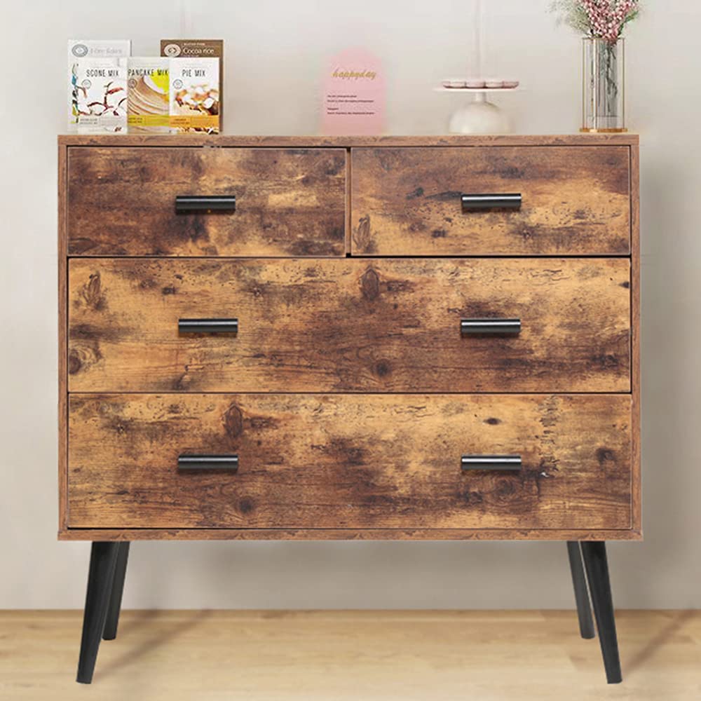 IWELL 4-Drawer Mid-Century Dresser - Rustic Brown Wooden Chest of Drawers with Storage Tower | Free Standing Bedroom Dresser Organizer for Clothes, Hallway & Entryway | Perfect for Home Decor, Apartment Storage & Guest Room Furniture