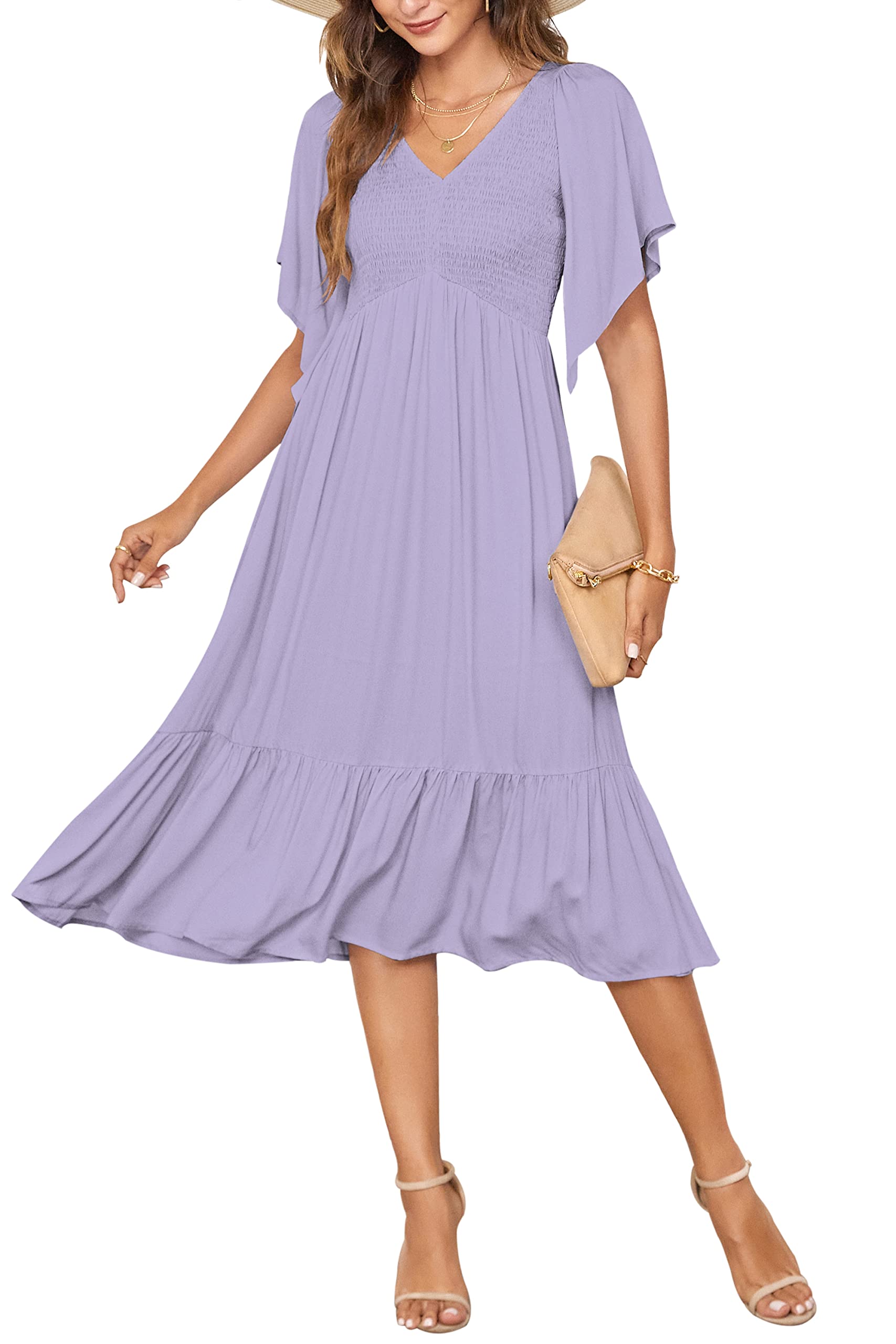 PYGFEMR Women's Summer Tiered Smocked Flutter Sleeve V-Neck Midi Dress - Casual Beach Wear, Vacation Outfit & Brunch Dress for Women