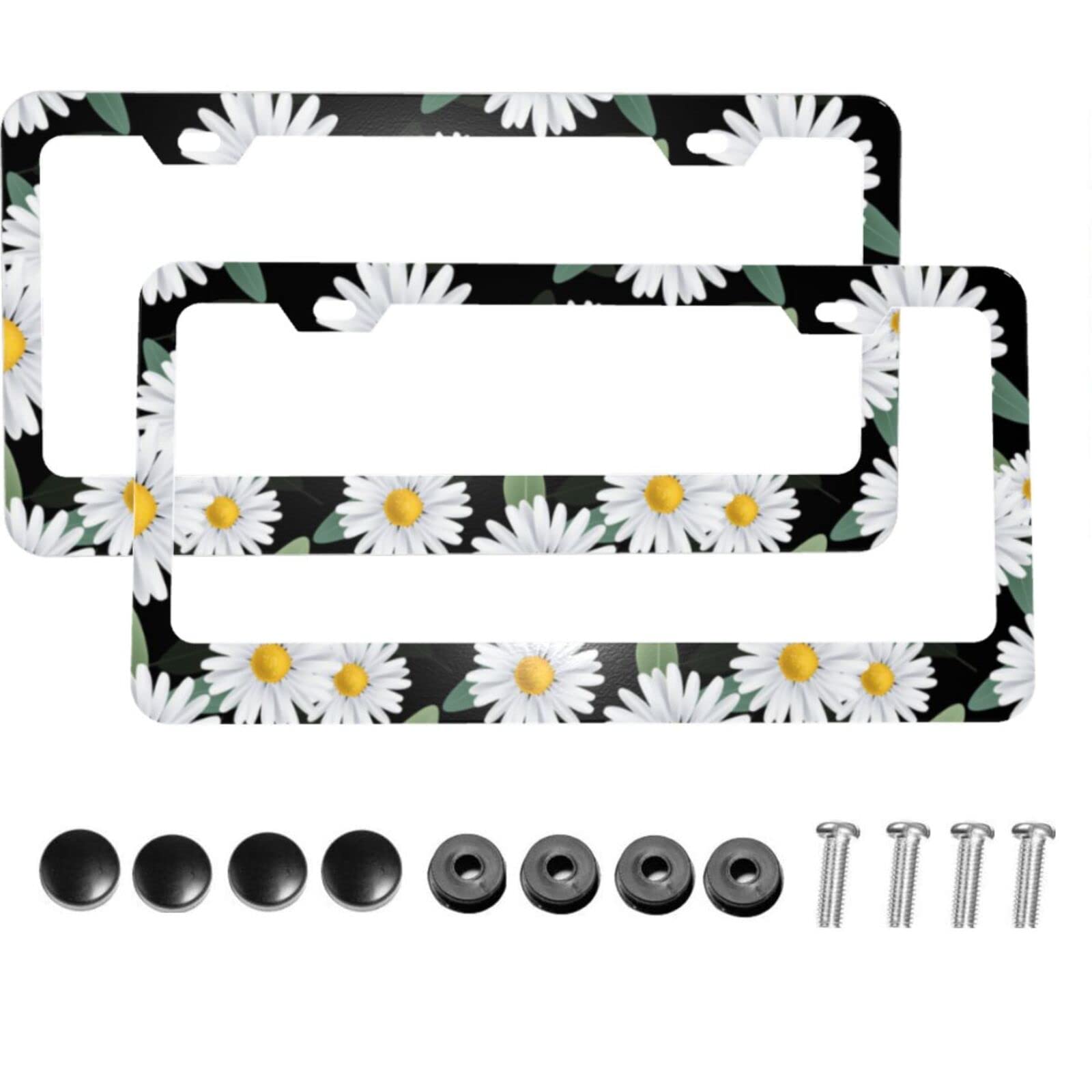 Delerain Daisy Flower 2-Piece Aluminum License Plate Frame with Screw Caps - Fits US Standard Vehicles - Perfect for Car Enthusiasts & Customization