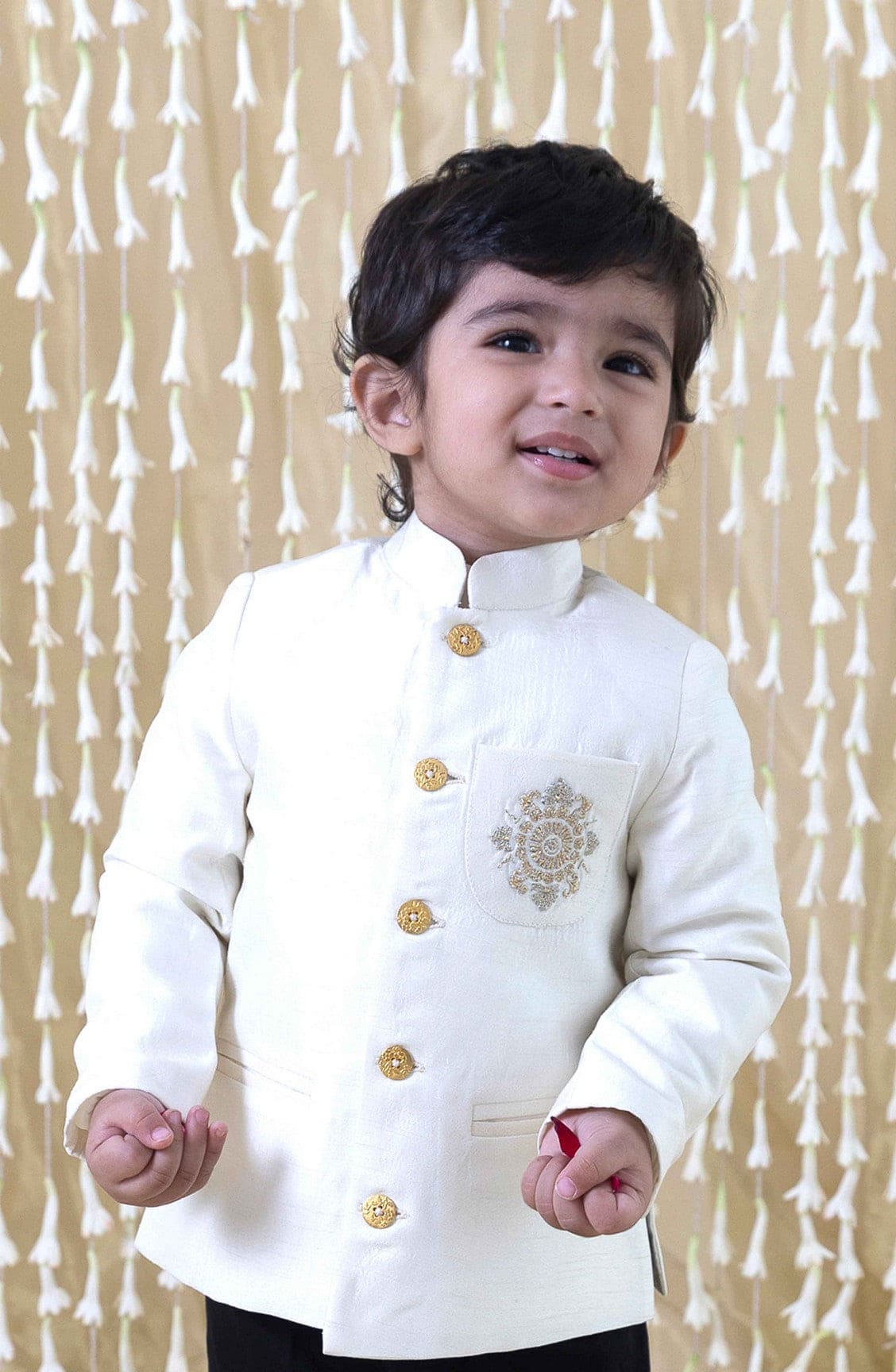 Pre Order: Baby Boy Silk Bandhgala Cream Suit - Elegant Traditional Indian Outfit for Weddings, Festivals & Special Occasions
