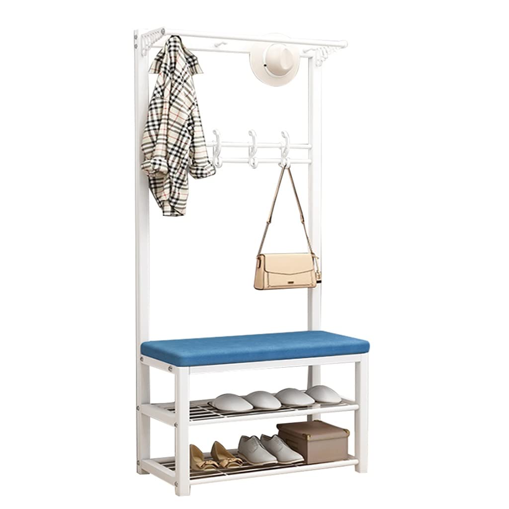 TCXSSL 4-in-1 Entryway Hall Tree with Shoe Bench - Coat Rack with 12 Hooks & 2 Hanging Rods, Storage Bench & Shoe Organizer - Metal Frame (Blue, 80x33x170cm) - Perfect for Entryway, Mudroom & Small Space Organization