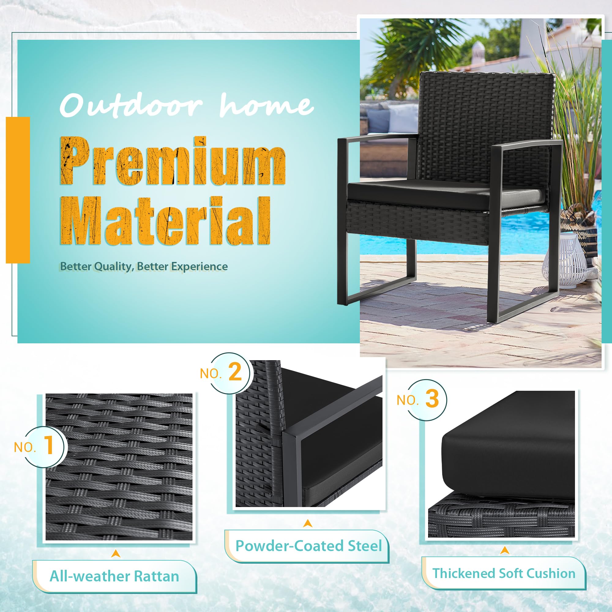 Flamaker 3-Piece Outdoor Patio Furniture Set - Modern Wicker Rattan Chairs with Coffee Table - Black Bistro & Garden Conversation Set for Backyard, Poolside & Balcony Relaxation