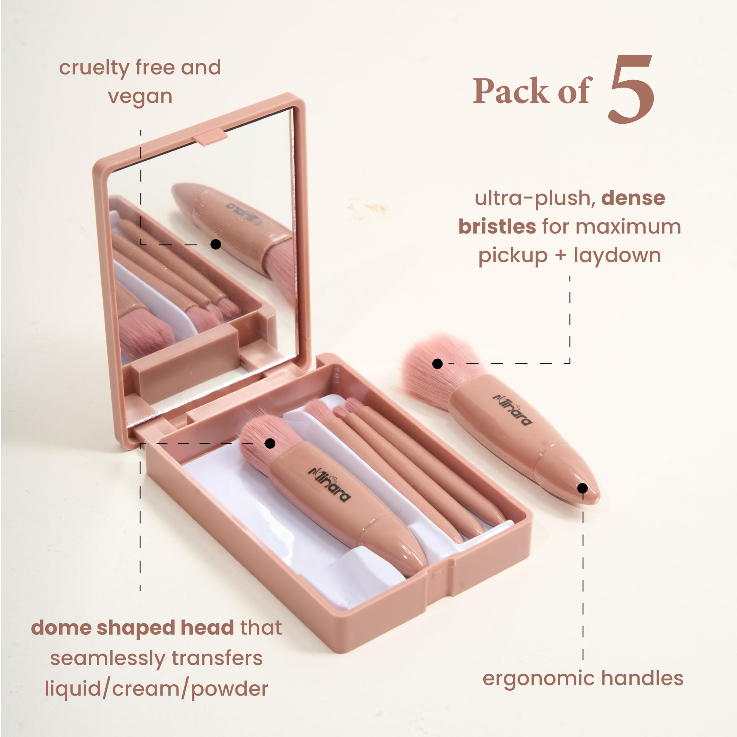 Minara 5-Piece Travel Makeup Brush Set with Mirror & Pouch (Nude) | Portable Cosmetic Brush Kit for Women | Perfect for On-The-Go Touchups & Professional Makeup Application