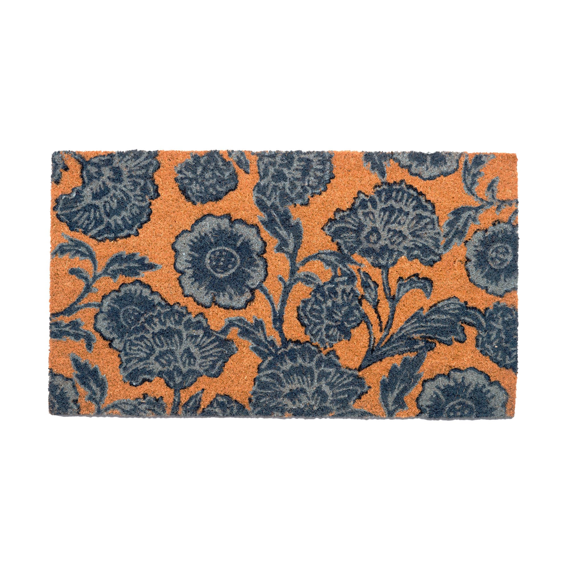 Premium Coir Door Mat with Floral Print - Non-Slip PVC Backing for Indoor/Outdoor Use - Chelsea Flower Welcome Mat (Blue, 30
