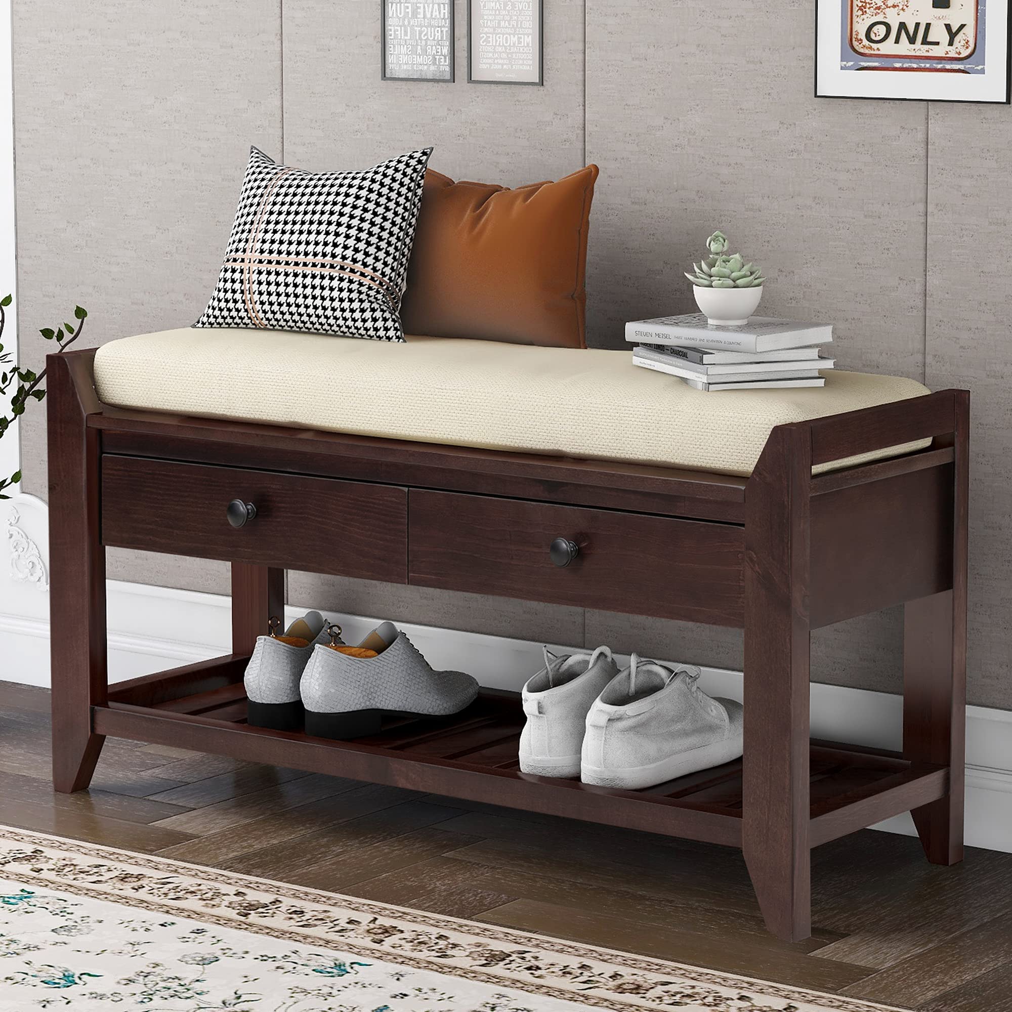 P PURLOVE Entryway Storage Bench with Cushioned Seat - 2 Drawers Shoe Rack & Storage Shelf, Espresso Finish - Perfect for Hallway Organization, Mudroom Decor & Small Space Entry Solutions