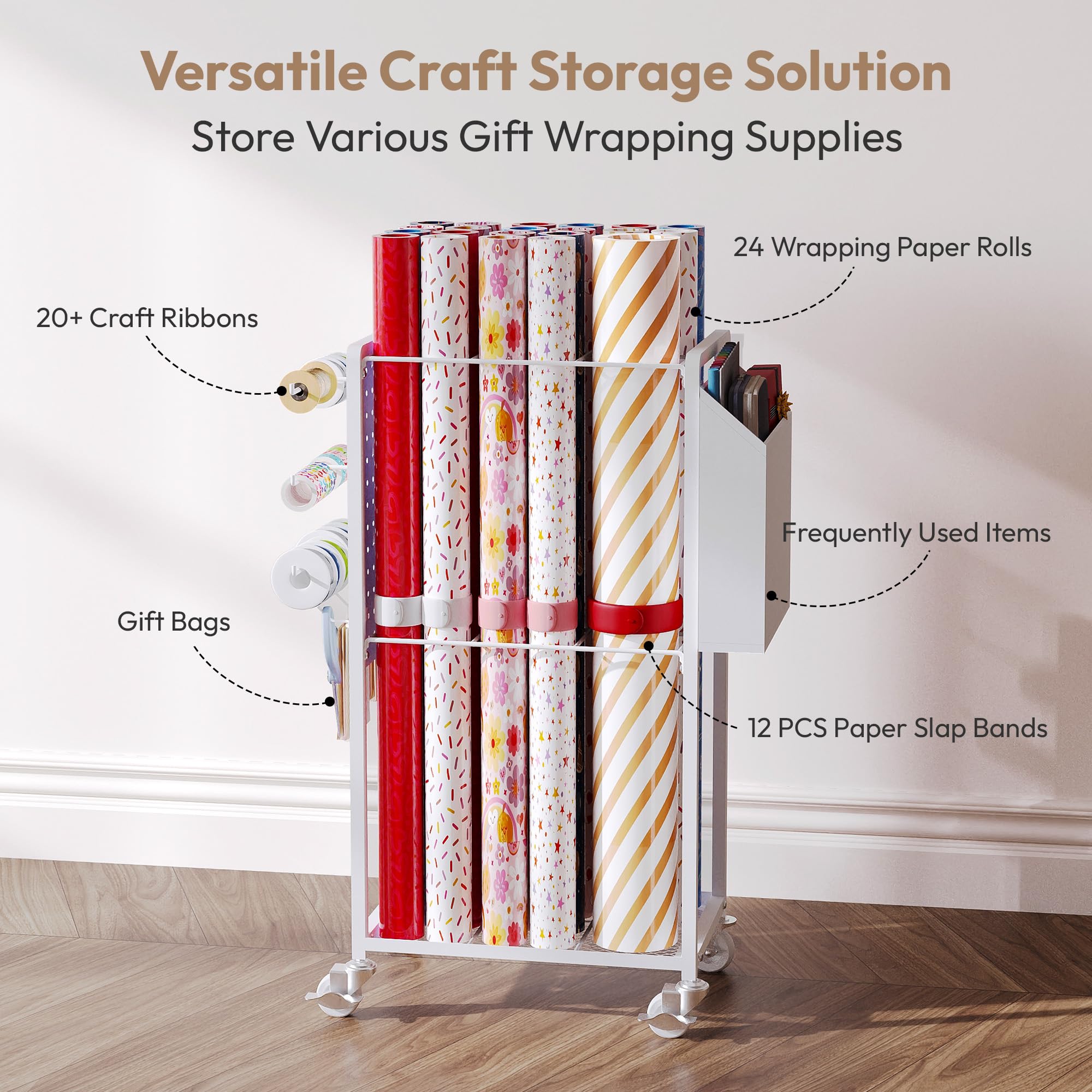Rolling Gift Wrapping Organizer Cart with 12 Slap Bands - Portable Wrapping Paper Storage Station, Ribbon Holder, Blueprint & Poster Organizer for Crafts, DIY Projects, Home Office & Holiday Gift Wrapping