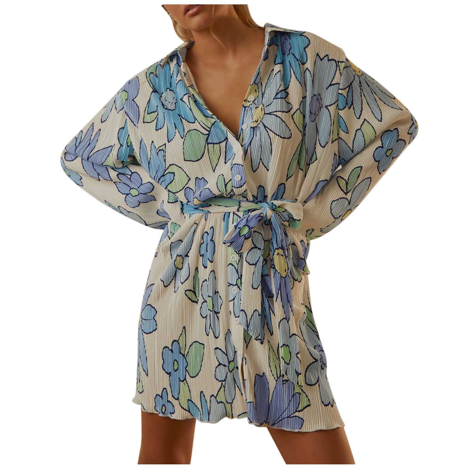 Women's Long Sleeve Floral Print Bodycon Mini Dress with Belt & Button Details - Elegant Lapel Ruched Shirt Dress for Fall/Winter - Perfect for Casual Outings, Date Nights & Office Wear