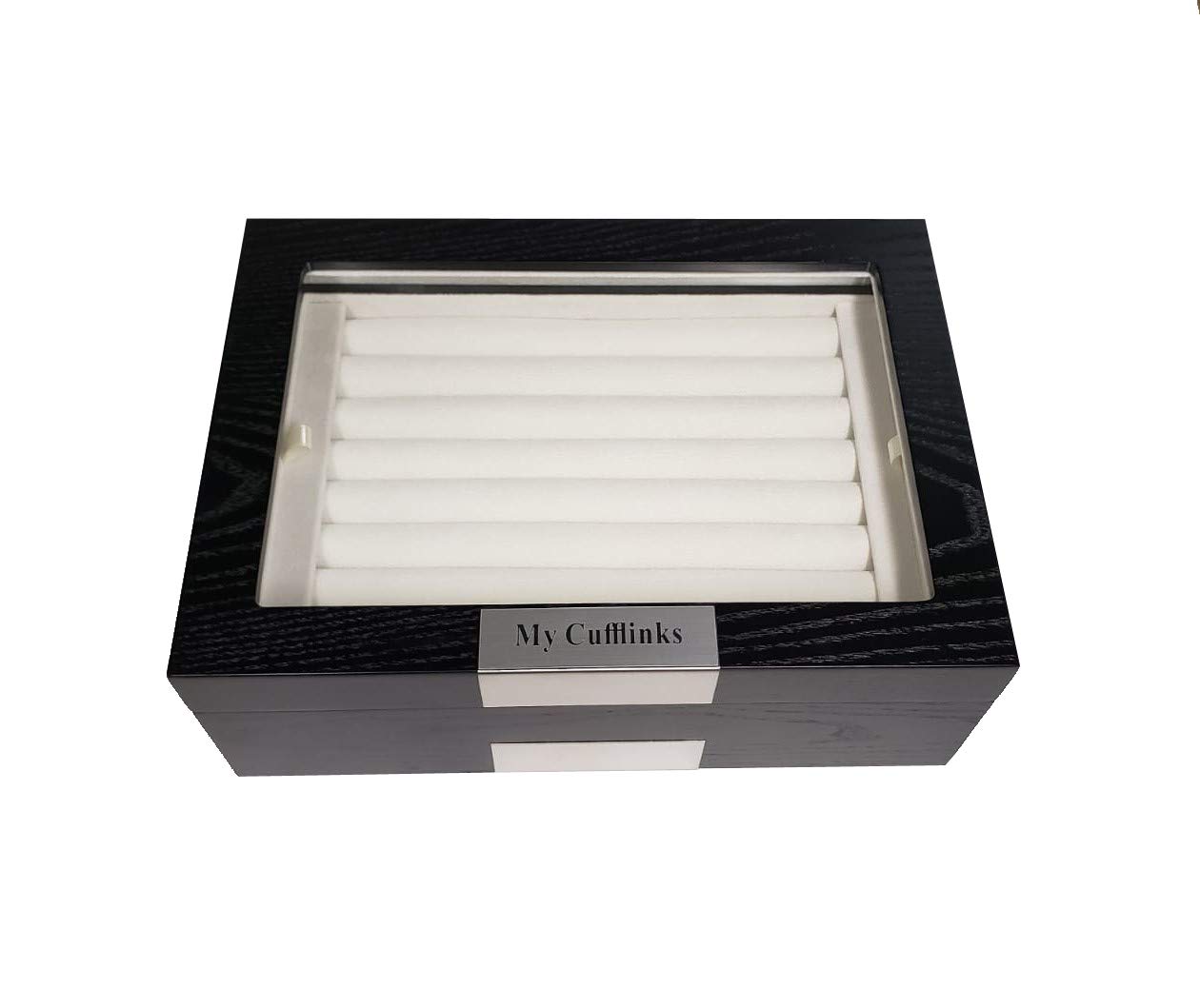 Personalized Black Ebony Wood Cufflink Case & Ring Storage Organizer - Stainless Steel Engravable Jewelry Box Holds 72 Cufflinks - Perfect Gift for Men, Wedding, Anniversary & Formal Occasions